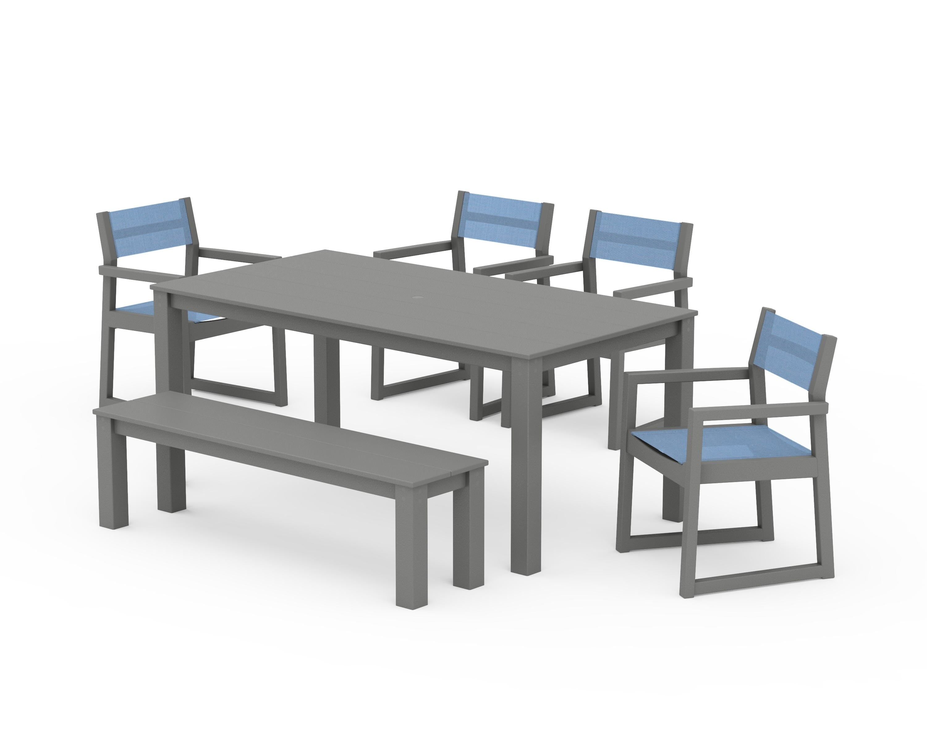 POLYWOOD EDGE Sling Arm Chair 6-Piece Parsons Dining Set with Bench in Slate Grey / Poolside Sling