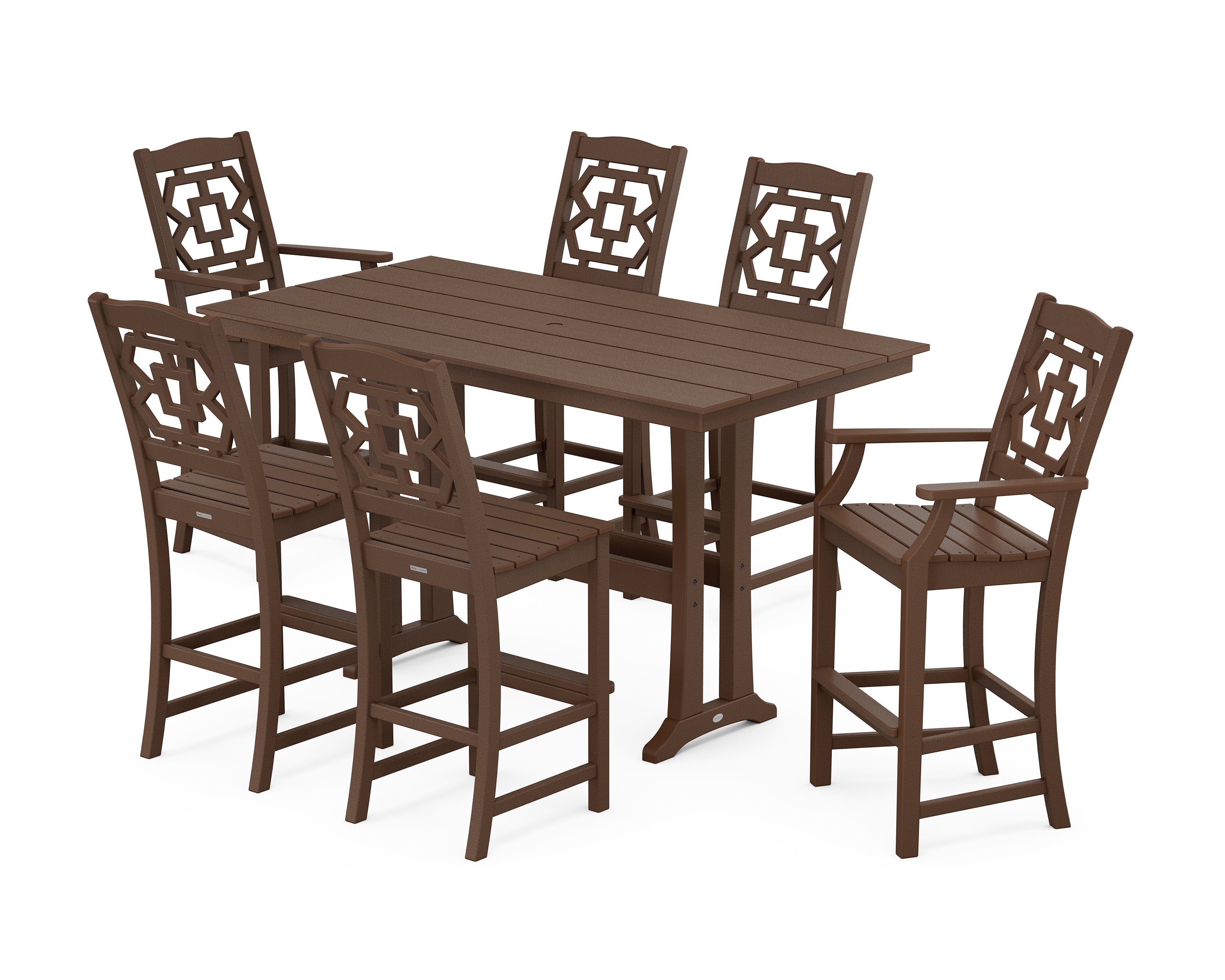 Martha Stewart by POLYWOOD Chinoiserie 7-Piece Farmhouse Bar Set with Trestle Legs in Mahogany