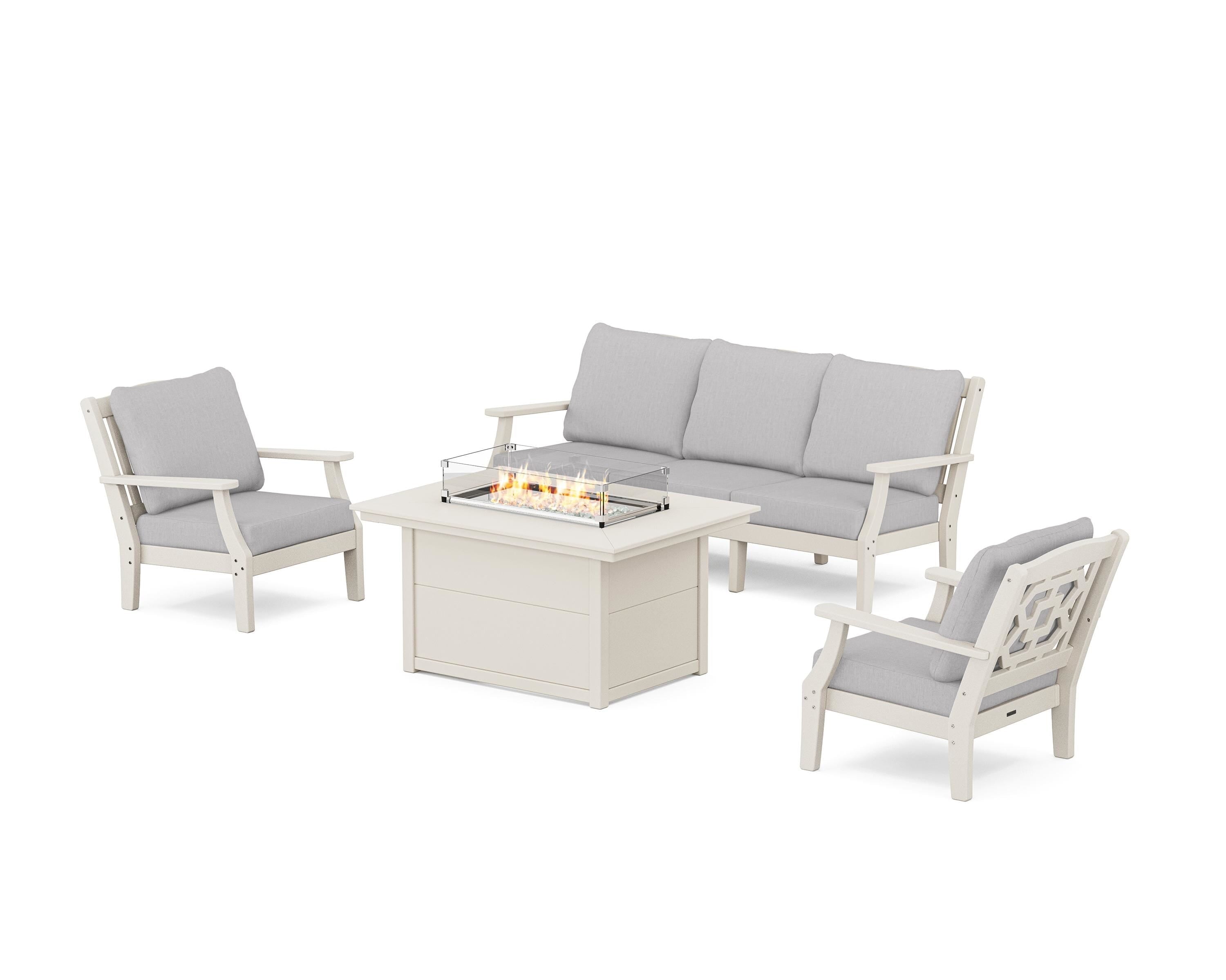Martha Stewart by POLYWOOD Chinoiserie Deep Seating Fire Pit Table Set in Sand / Granite