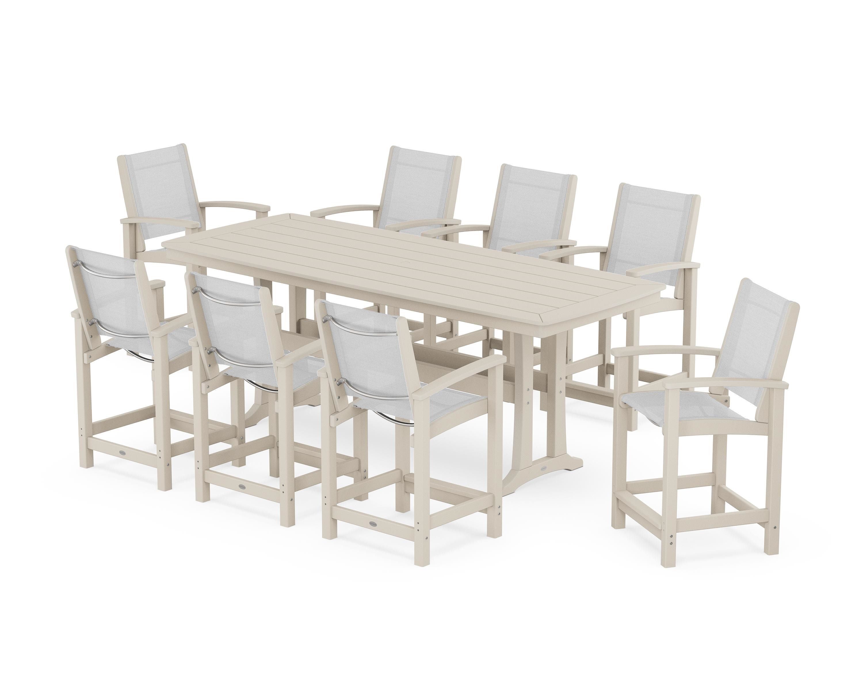 POLYWOOD Coastal 9-Piece Counter Set with Trestle Legs in Sand / White Sling