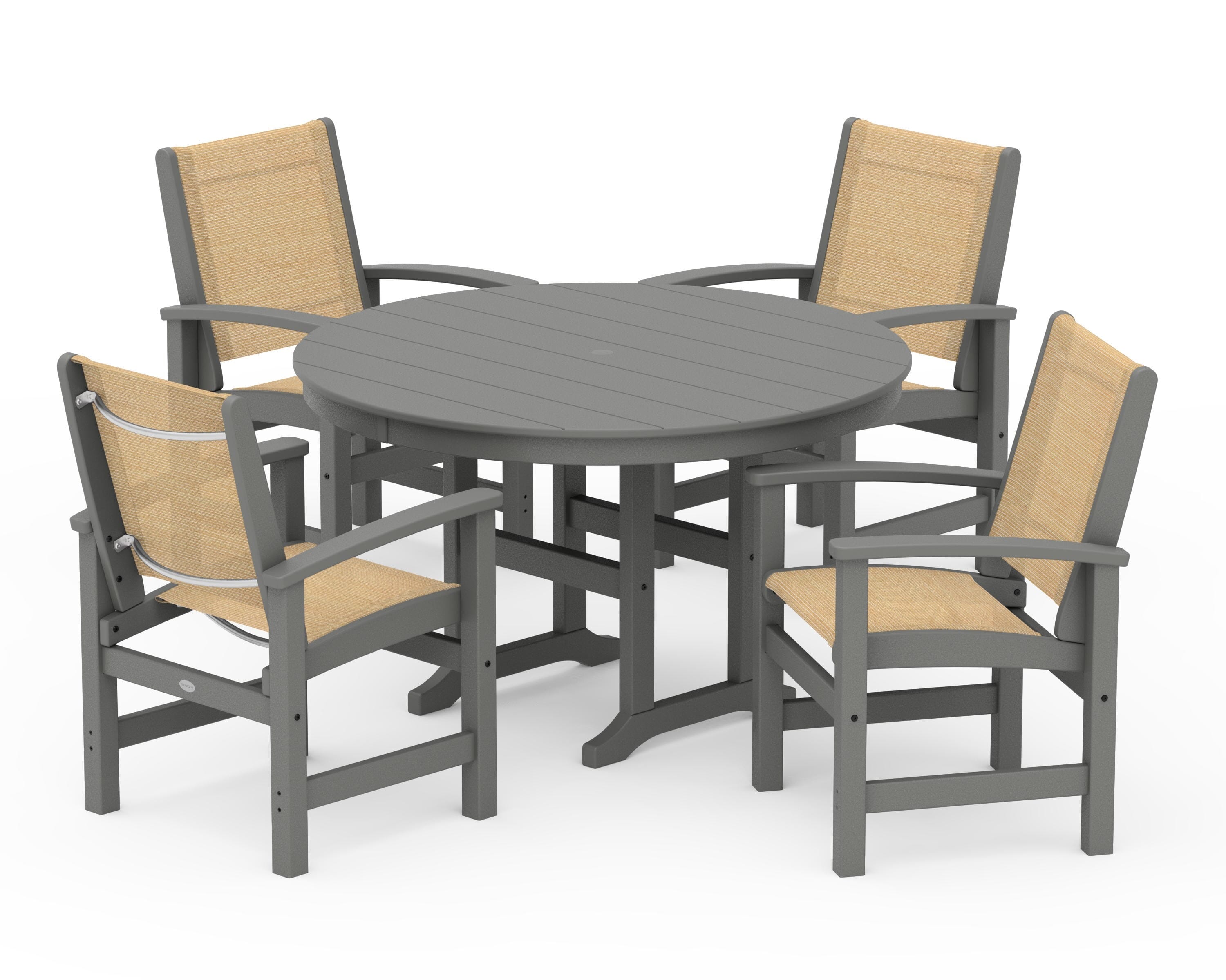 POLYWOOD Coastal 5-Piece Round Farmhouse Dining Set in Slate Grey / Dupioni Apricot Sling