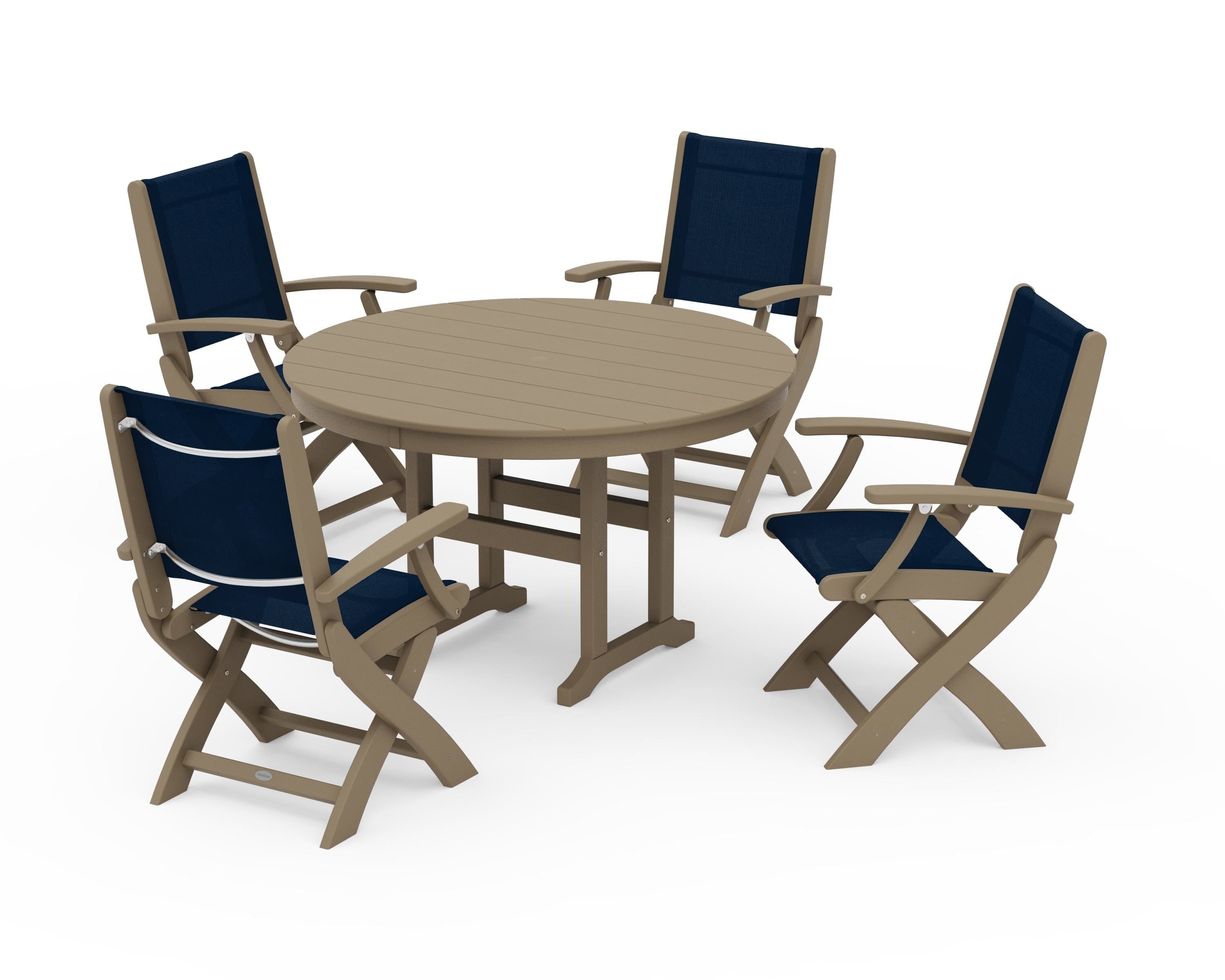 POLYWOOD Coastal Folding Chair 5-Piece Round Dining Set in Vintage Sahara / Navy Blue Sling