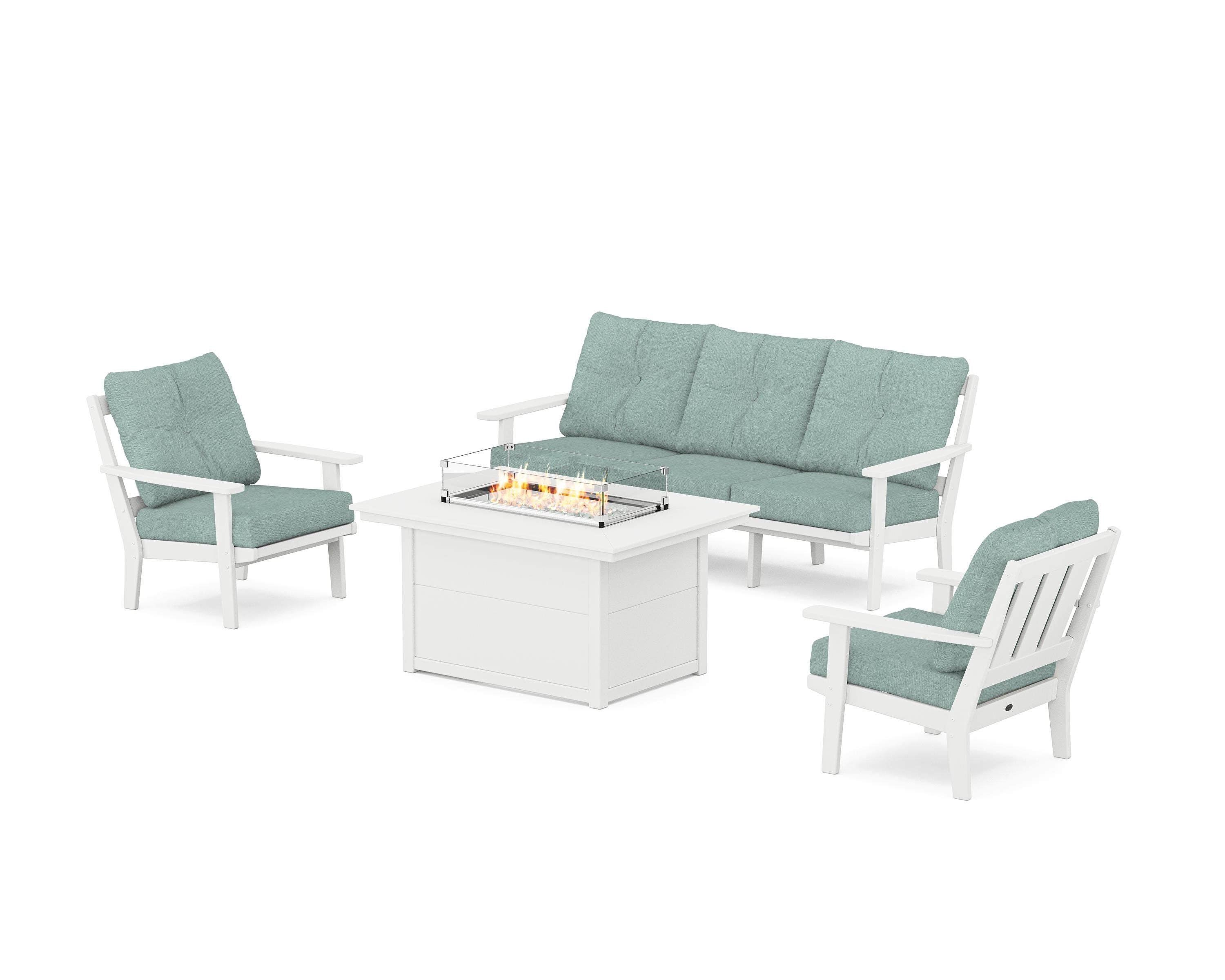 POLYWOOD Oxford Deep Seating Fire Pit Table Set in White / Glacier Spa