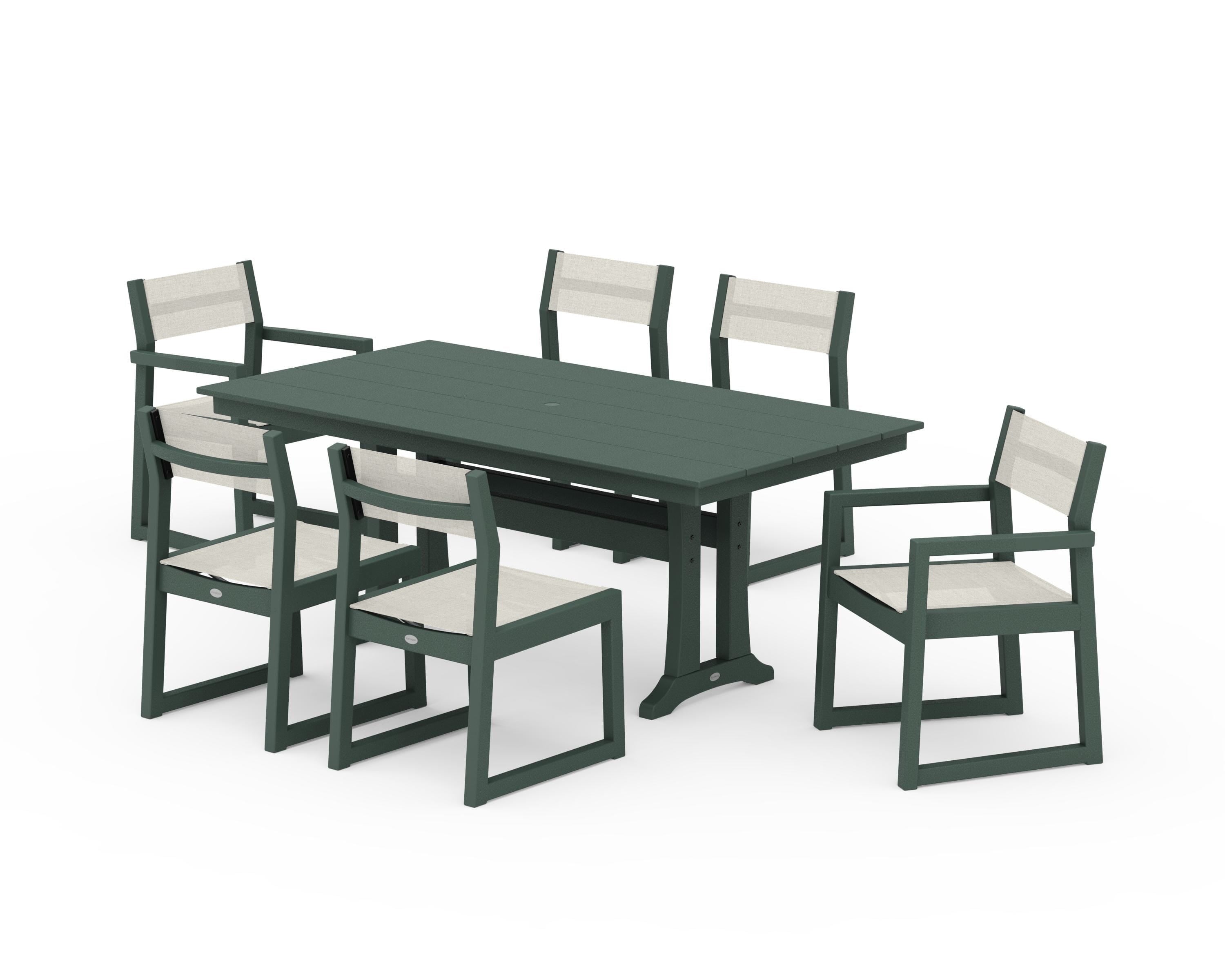 POLYWOOD EDGE Sling 7-Piece Farmhouse Trestle Dining Set in Green / Parchment Sling
