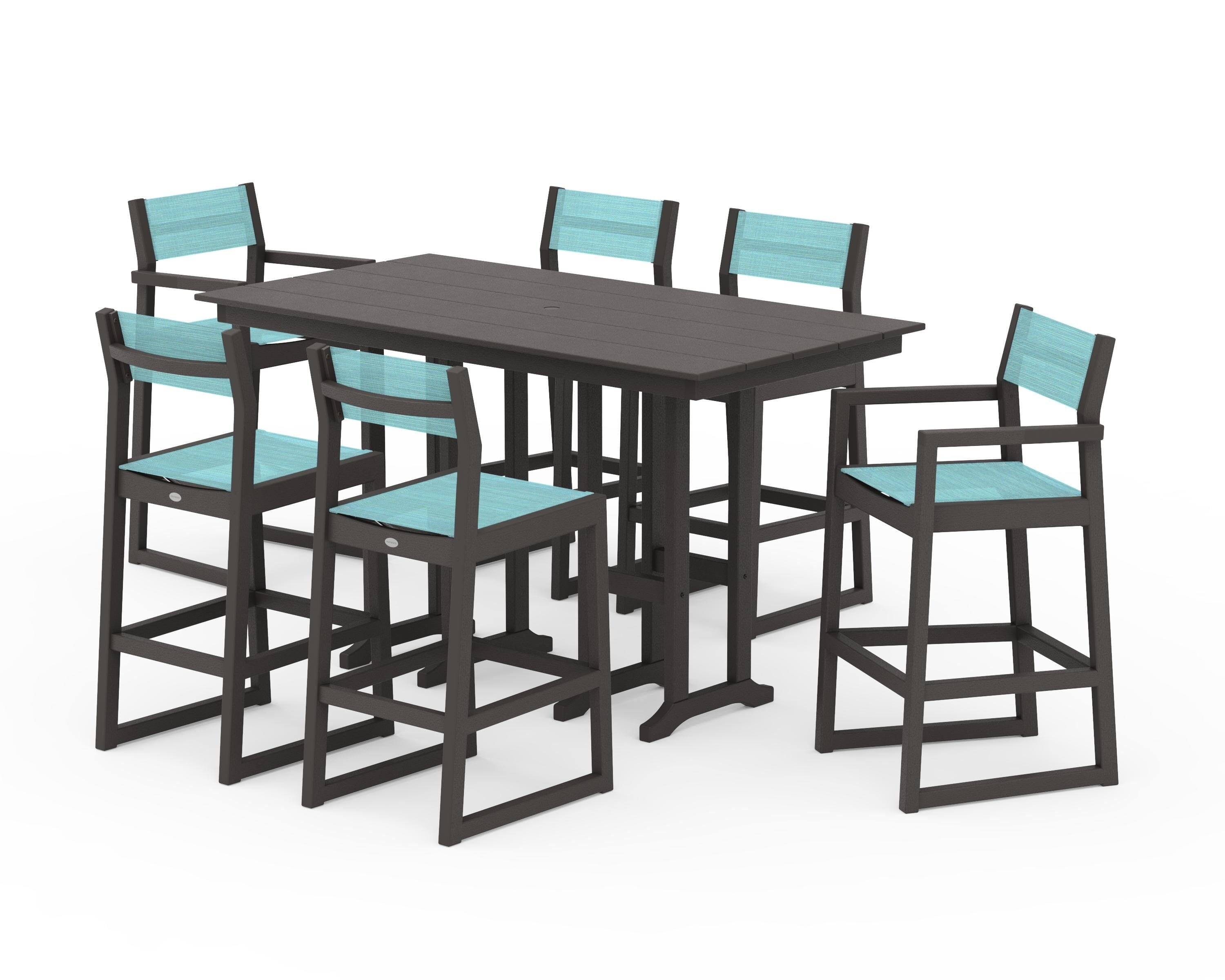 POLYWOOD EDGE Sling 7-Piece Farmhouse Bar Set in Vintage Coffee / Dupioni Aquamarine Sling