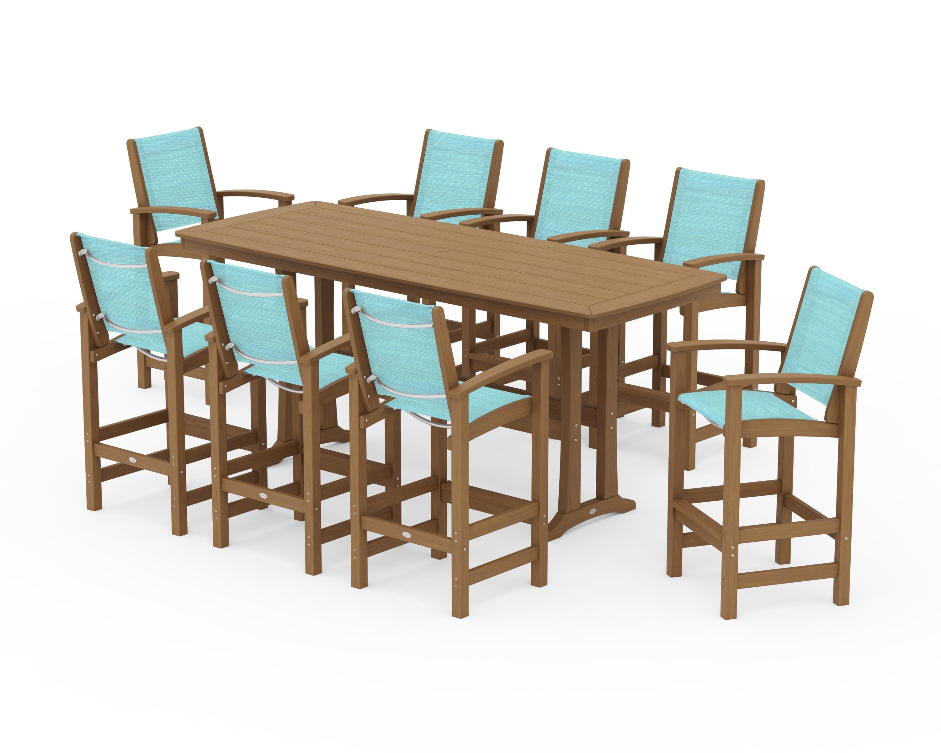 POLYWOOD Coastal 9-Piece Bar Set with Trestle Legs in Natural / Dupioni Aquamarine Sling