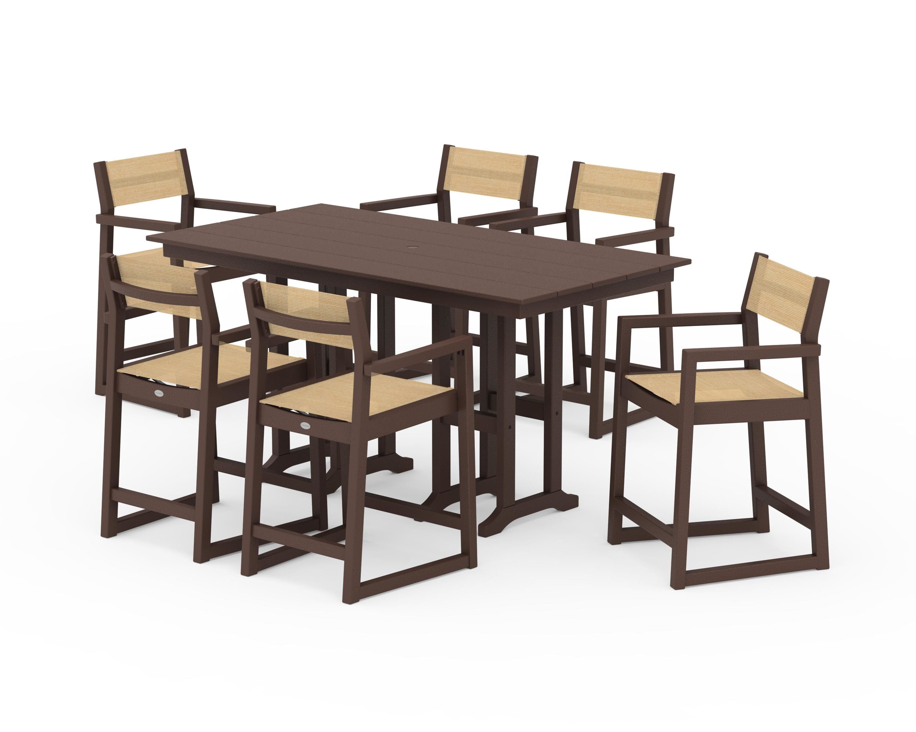 POLYWOOD EDGE Sling Arm Chair 7-Piece Farmhouse Counter Set in Mahogany / Dupioni Apricot Sling