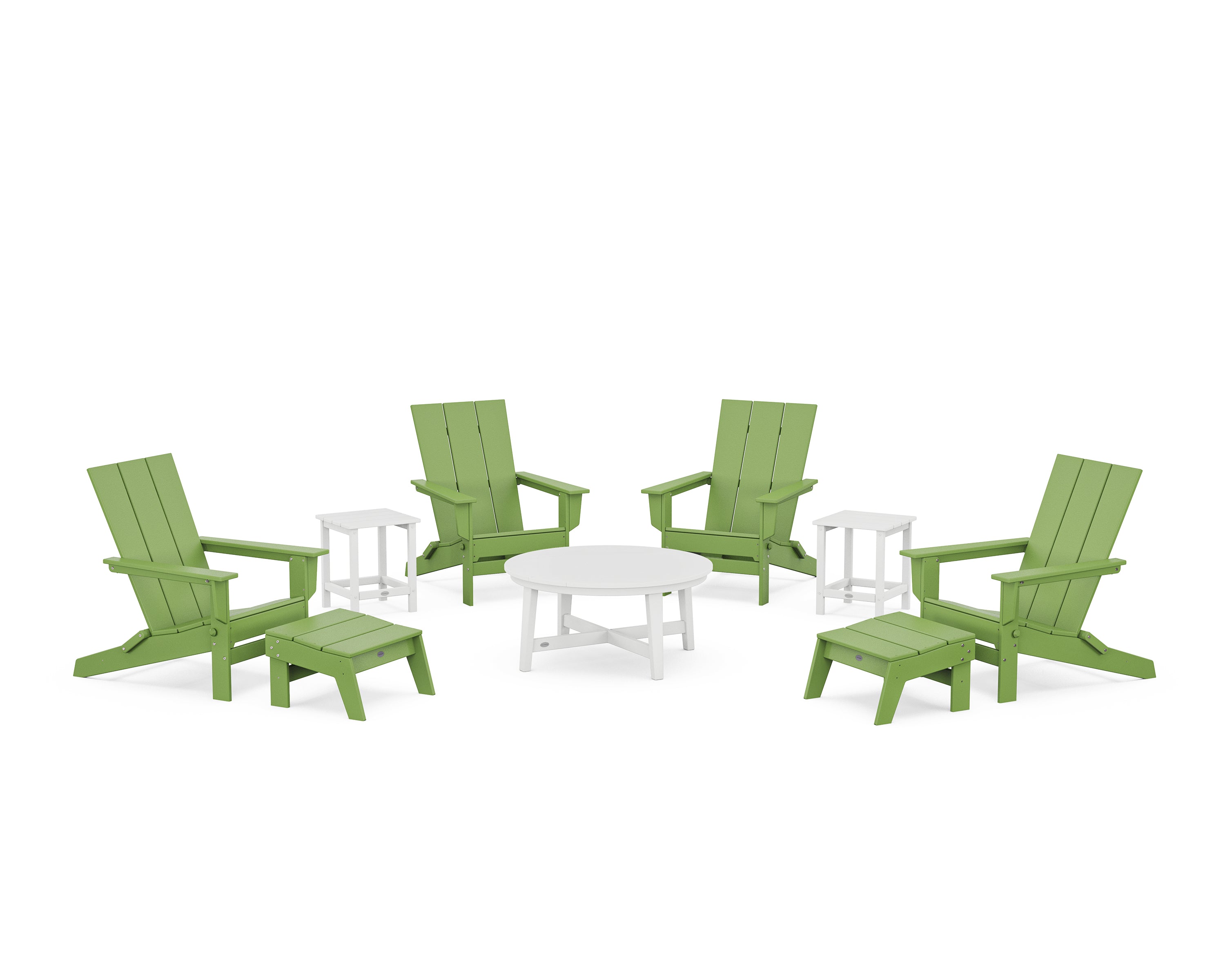 POLYWOOD® Modern Studio Folding Adirondack 9-Piece Conversation Set in Lime / White