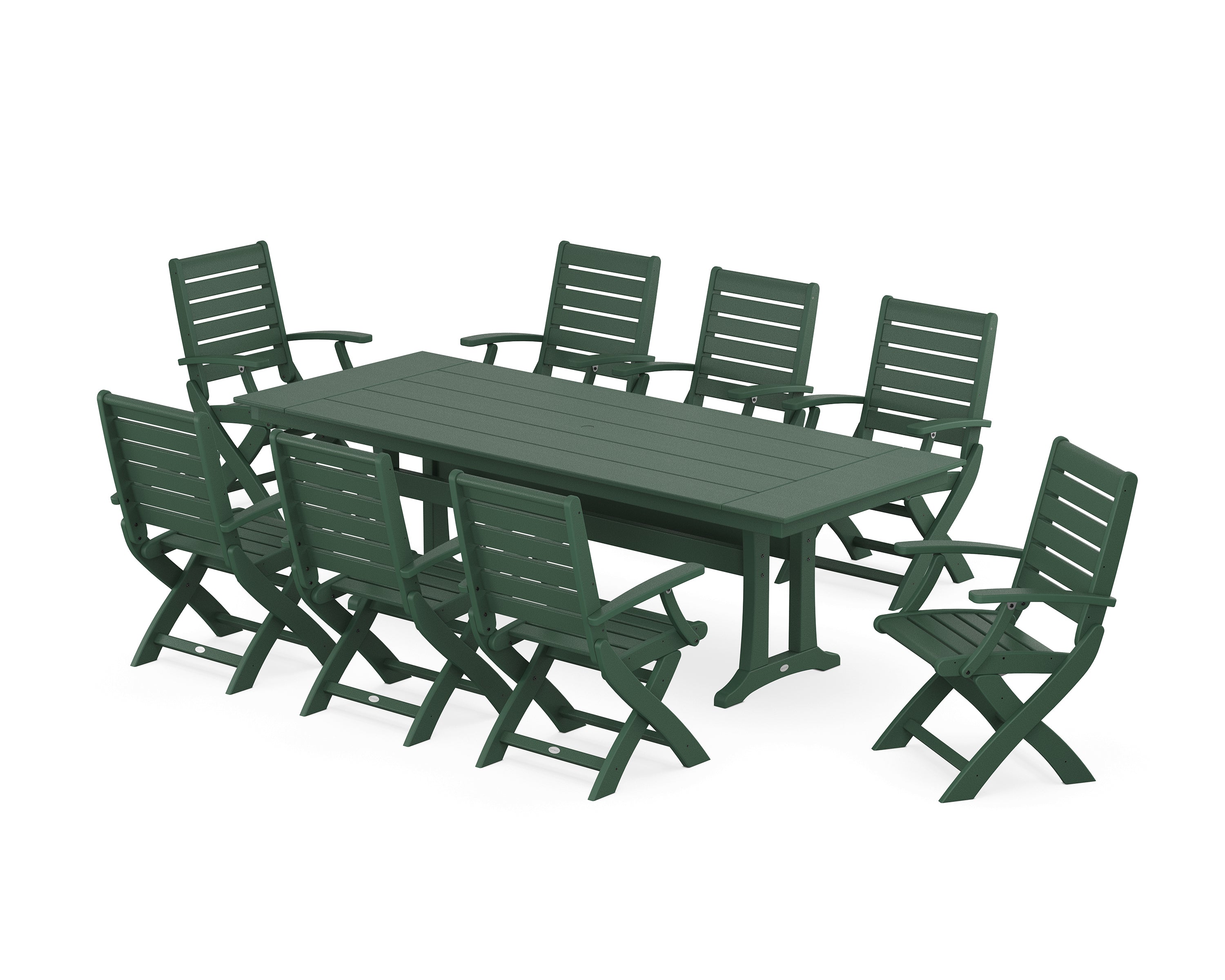 POLYWOOD® Signature Folding 9-Piece Farmhouse Trestle Dining Set with Trestle Legs in Green