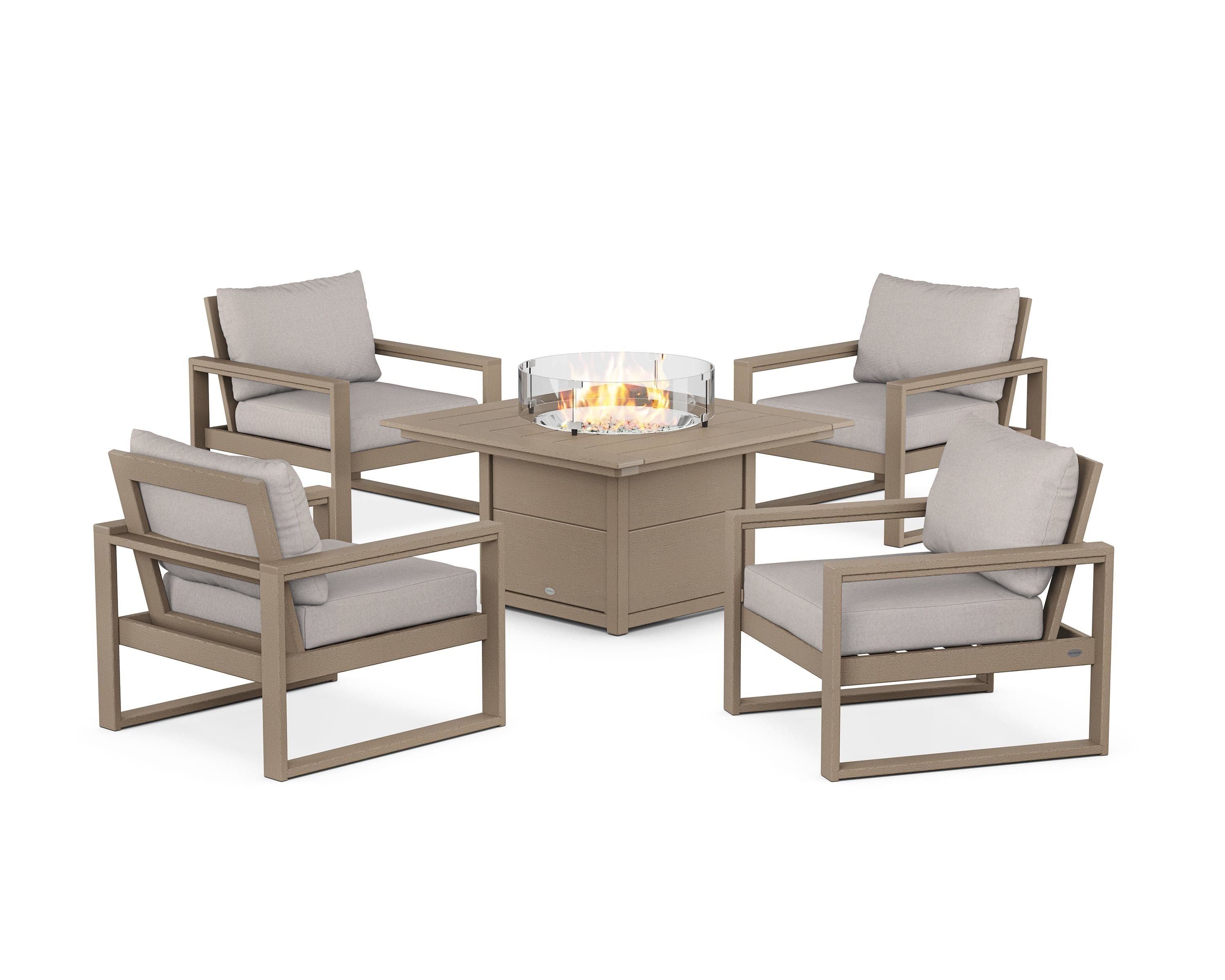 POLYWOOD EDGE Sectional 5-Piece Deep Seating Set with Fire Pit Table in Vintage Sahara / Dune Burlap
