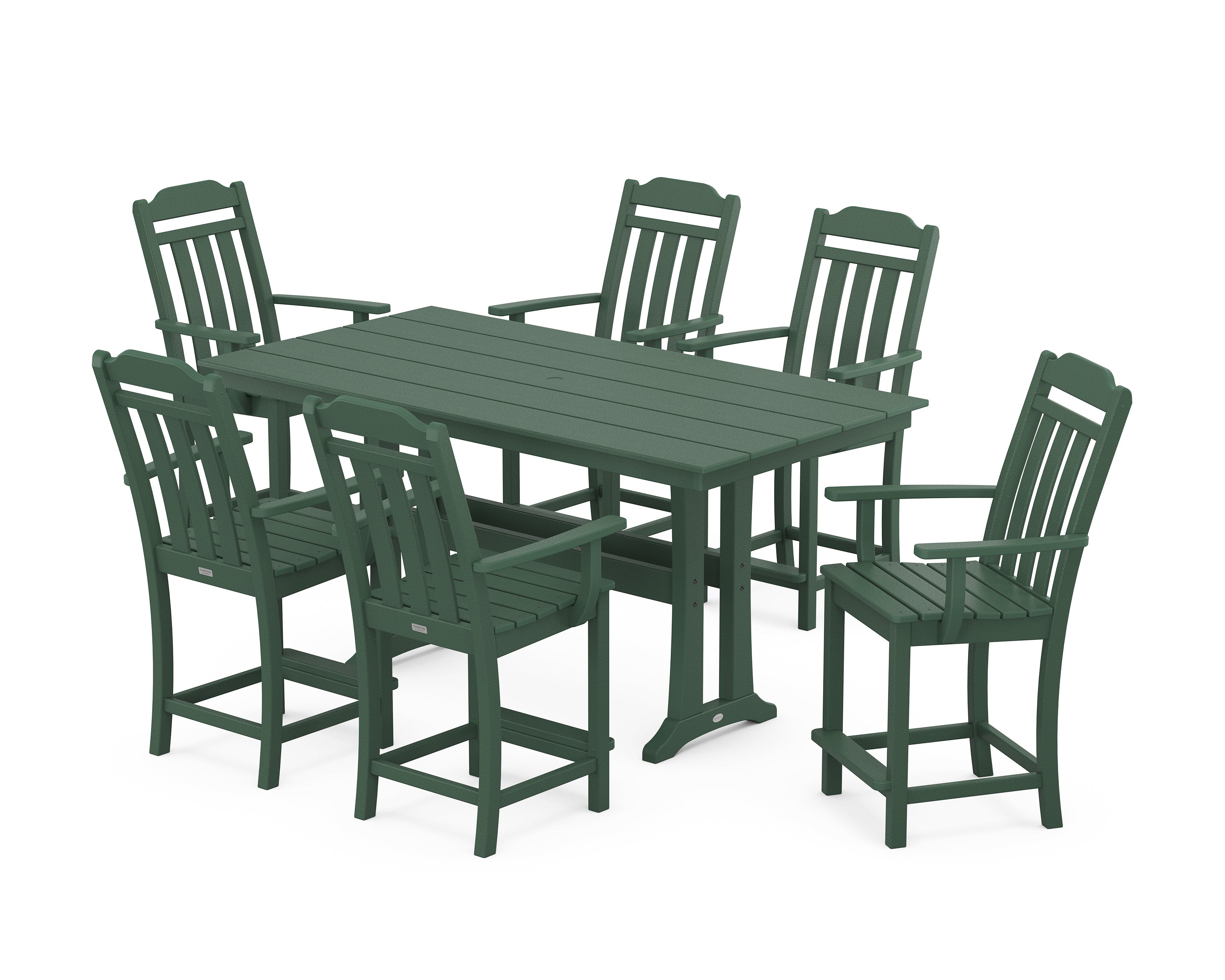 POLYWOOD Country Living Arm Chair 7-Piece Farmhouse Counter Set with Trestle Legs in Green