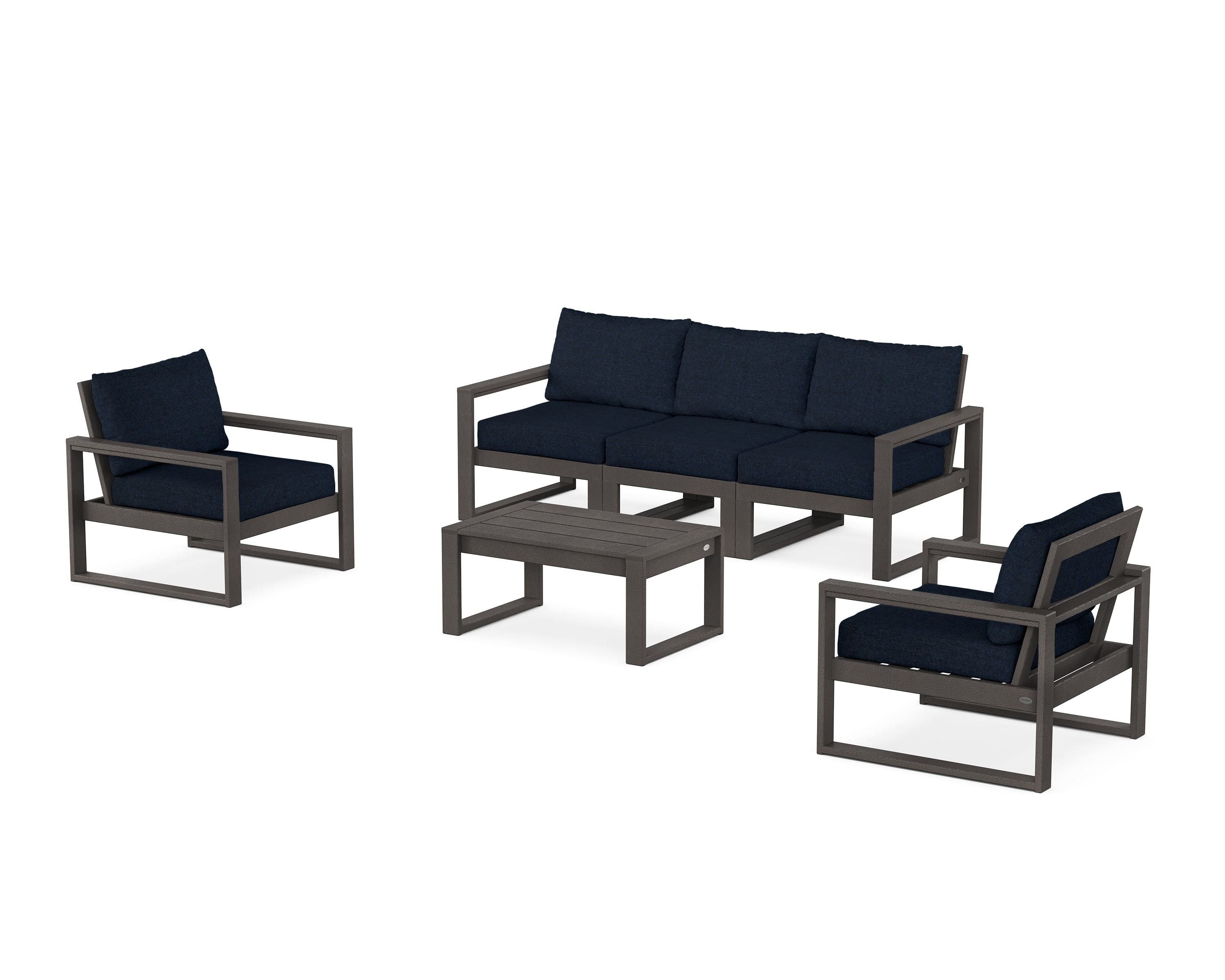 POLYWOOD EDGE Sectional 4-Piece Deep Seating Set with Sofa in Vintage Coffee / Marine Indigo
