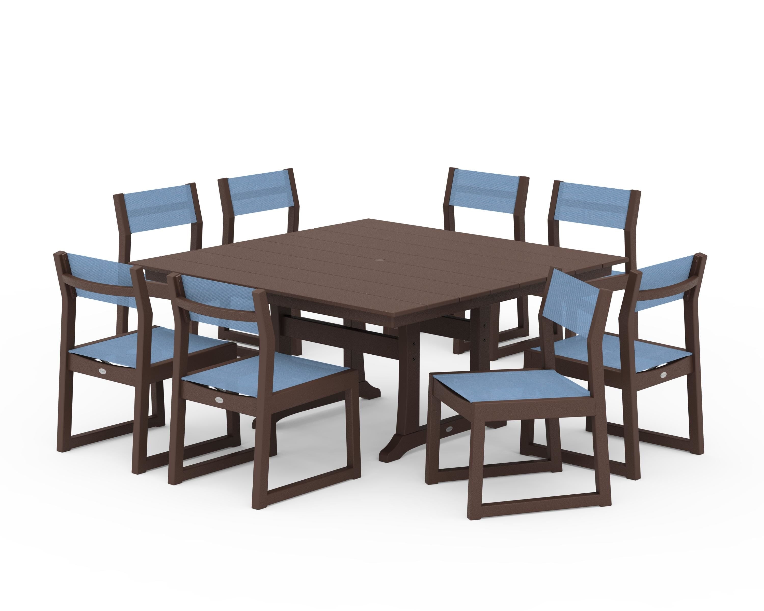 POLYWOOD EDGE Sling Side Chair 9-Piece Farmhouse Trestle Dining Set in Mahogany / Poolside Sling