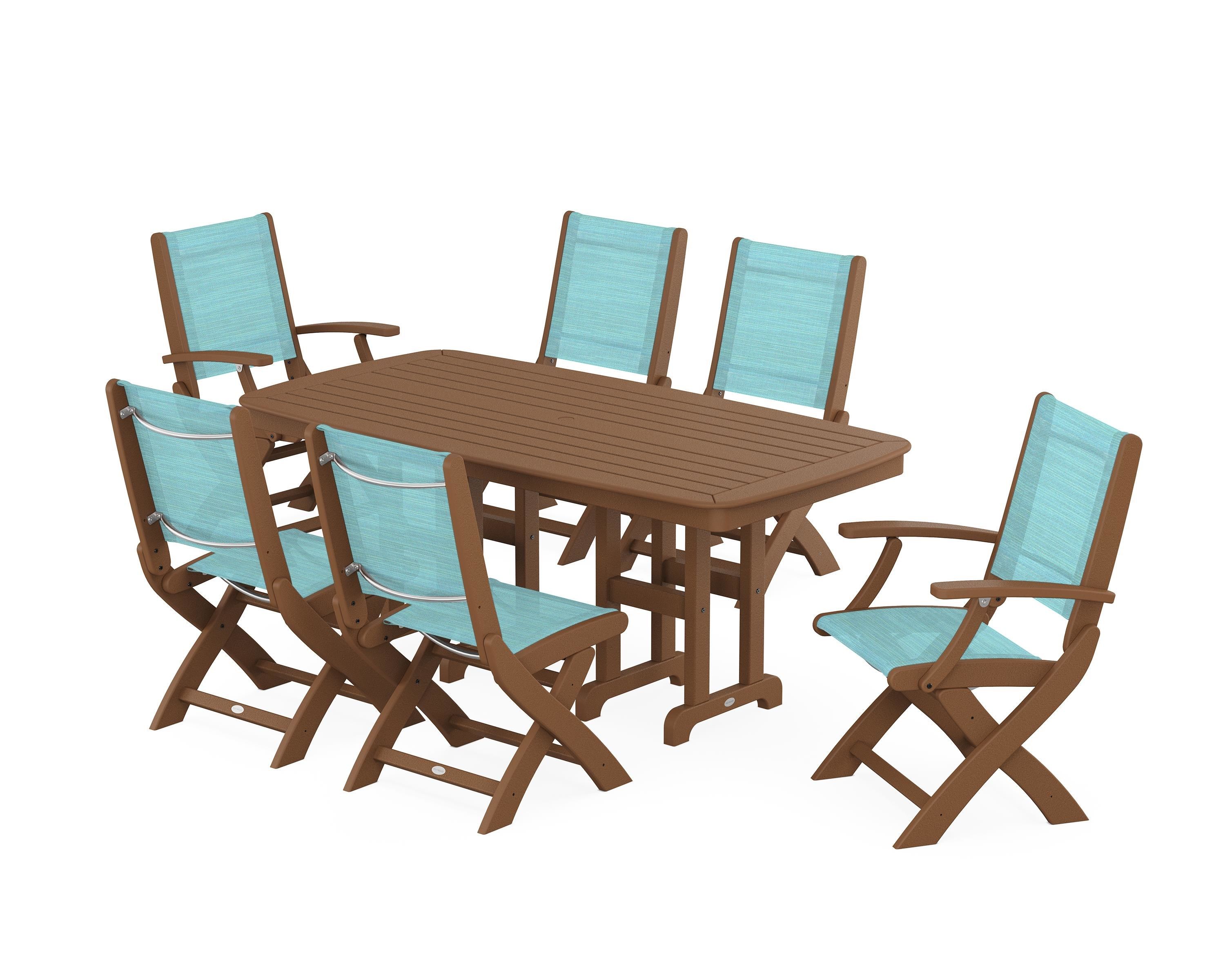 POLYWOOD Coastal Folding Chair 7-Piece Dining Set in Teak / Dupioni Aquamarine Sling