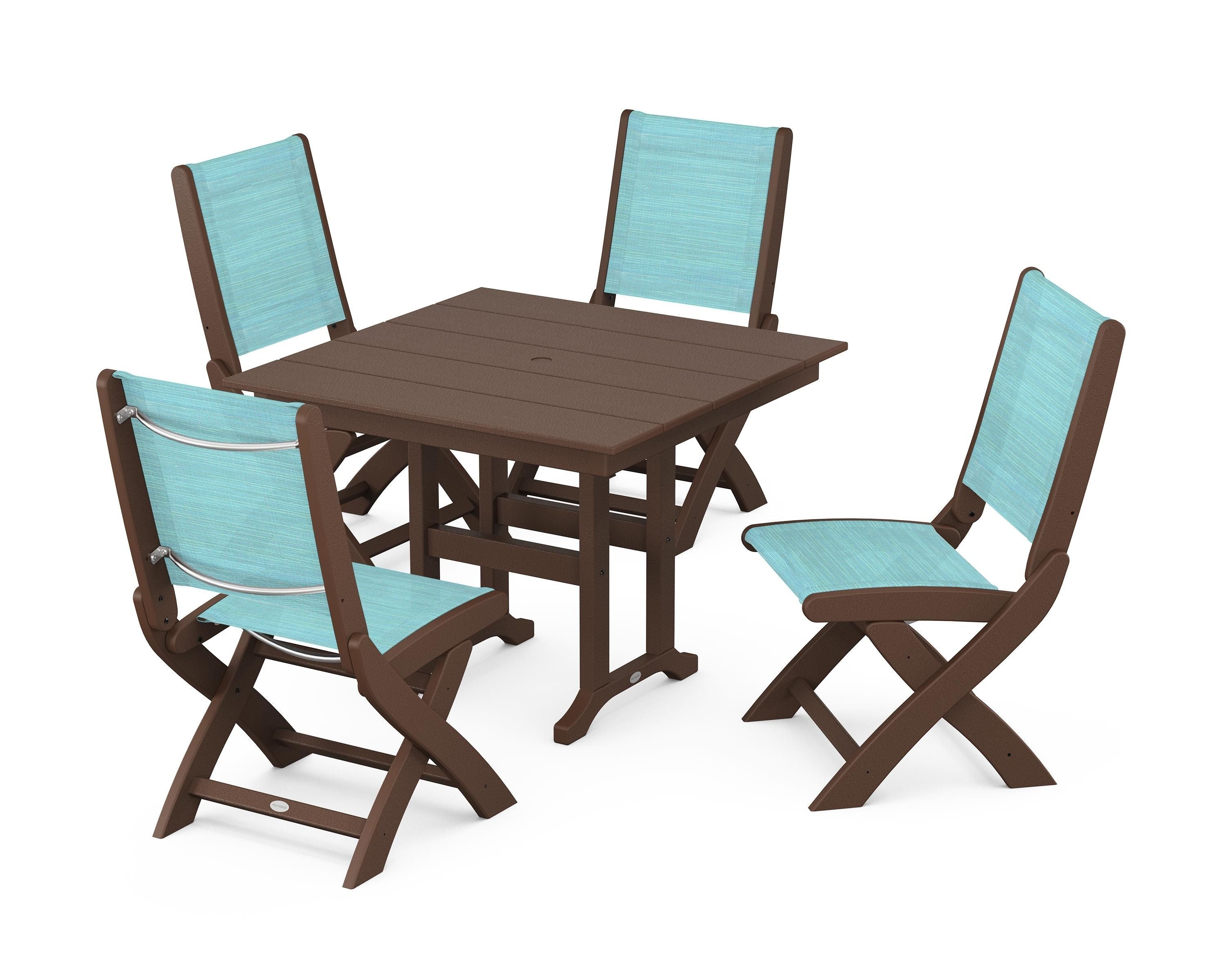 POLYWOOD Coastal Folding Side Chair 5-Piece Farmhouse Dining Set in Mahogany / Dupioni Aquamarine Sling