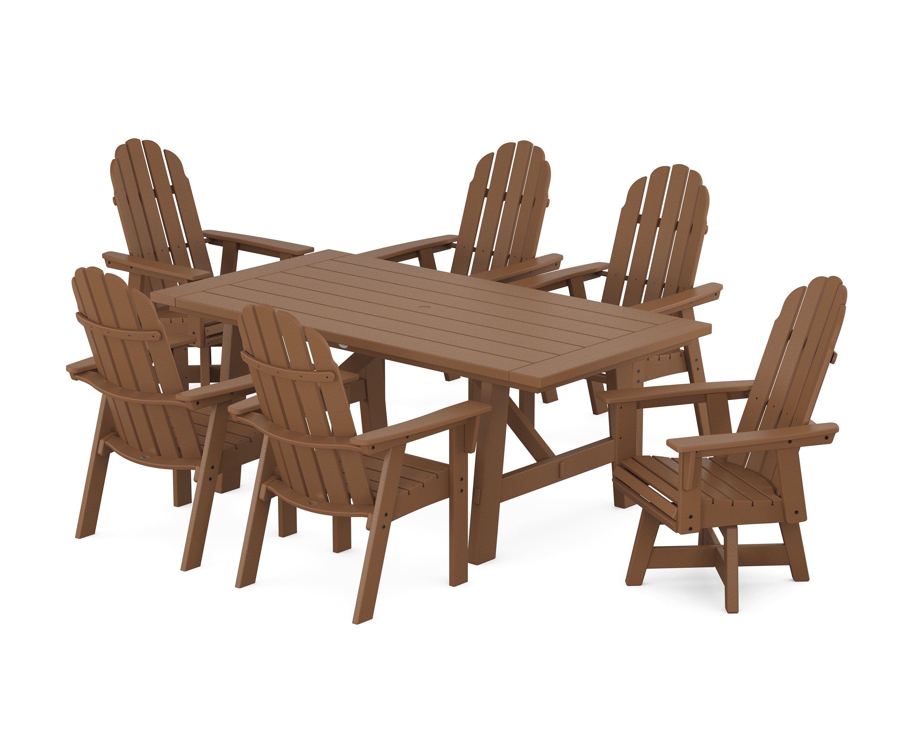 POLYWOOD Vineyard Curveback Adirondack Swivel Chair 7-Piece Rustic Farmhouse Dining Set in Teak