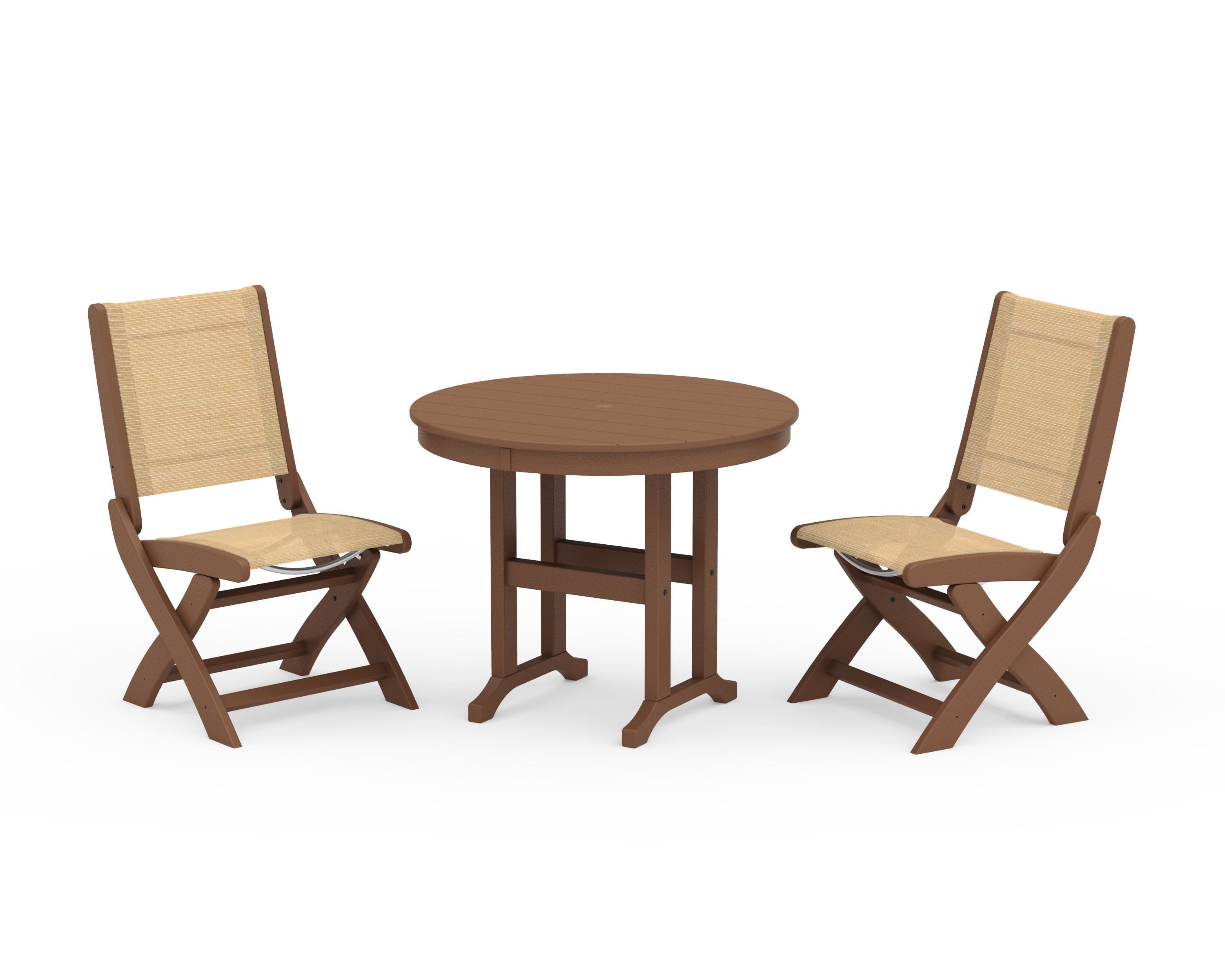 POLYWOOD Coastal Folding Side Chair 3-Piece Round Dining Set in Teak / Dupioni Apricot Sling