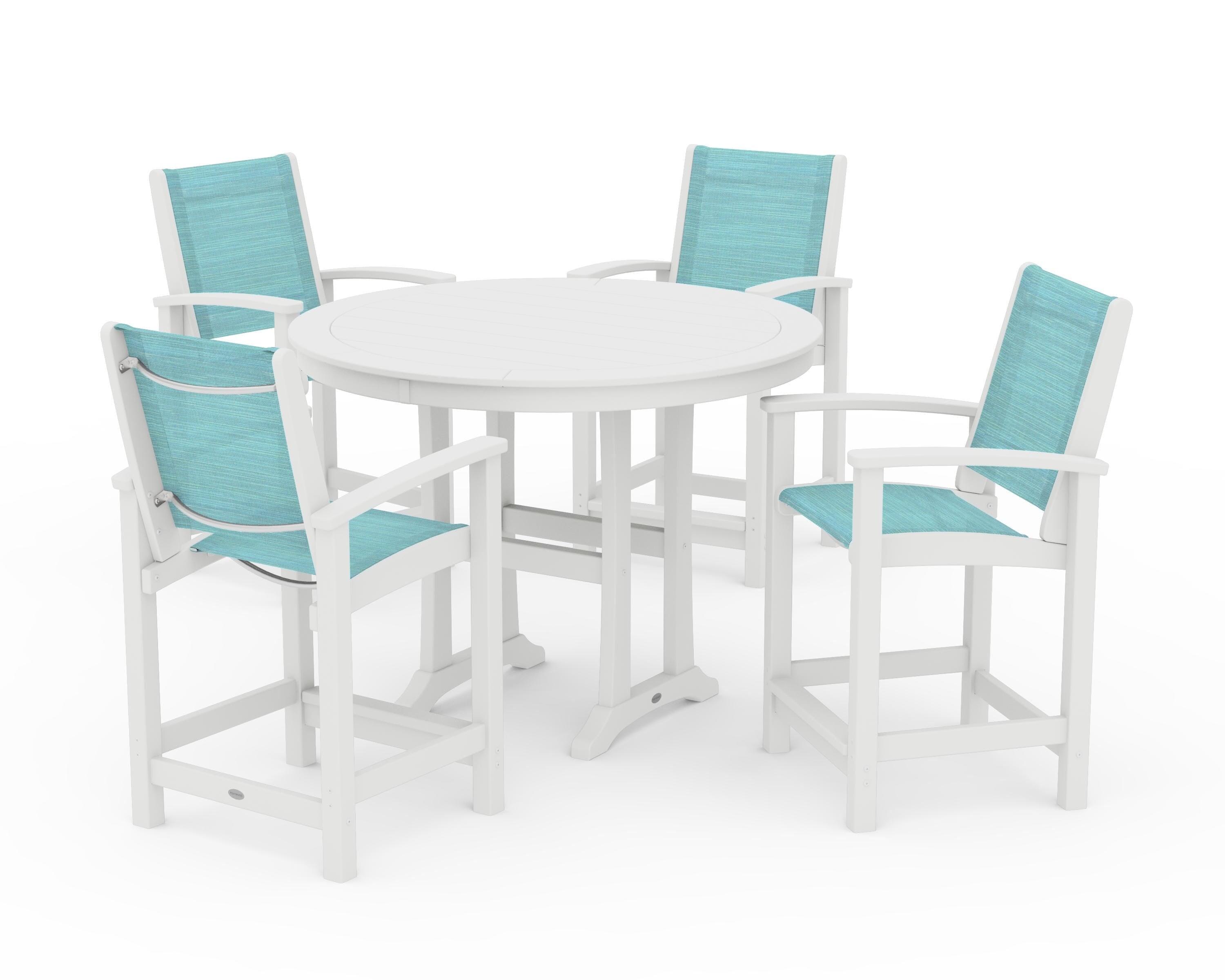 POLYWOOD Coastal 5-Piece Counter Set in White / Dupioni Aquamarine Sling