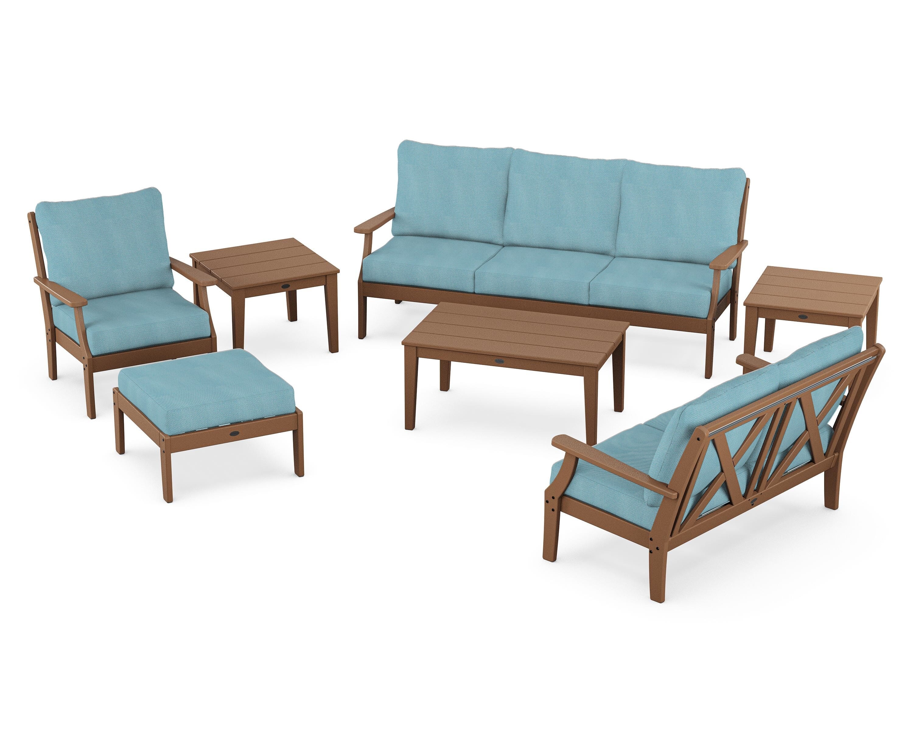 POLYWOOD Braxton 7-Piece Deep Seating Set in Teak / Lattice Sky Blue