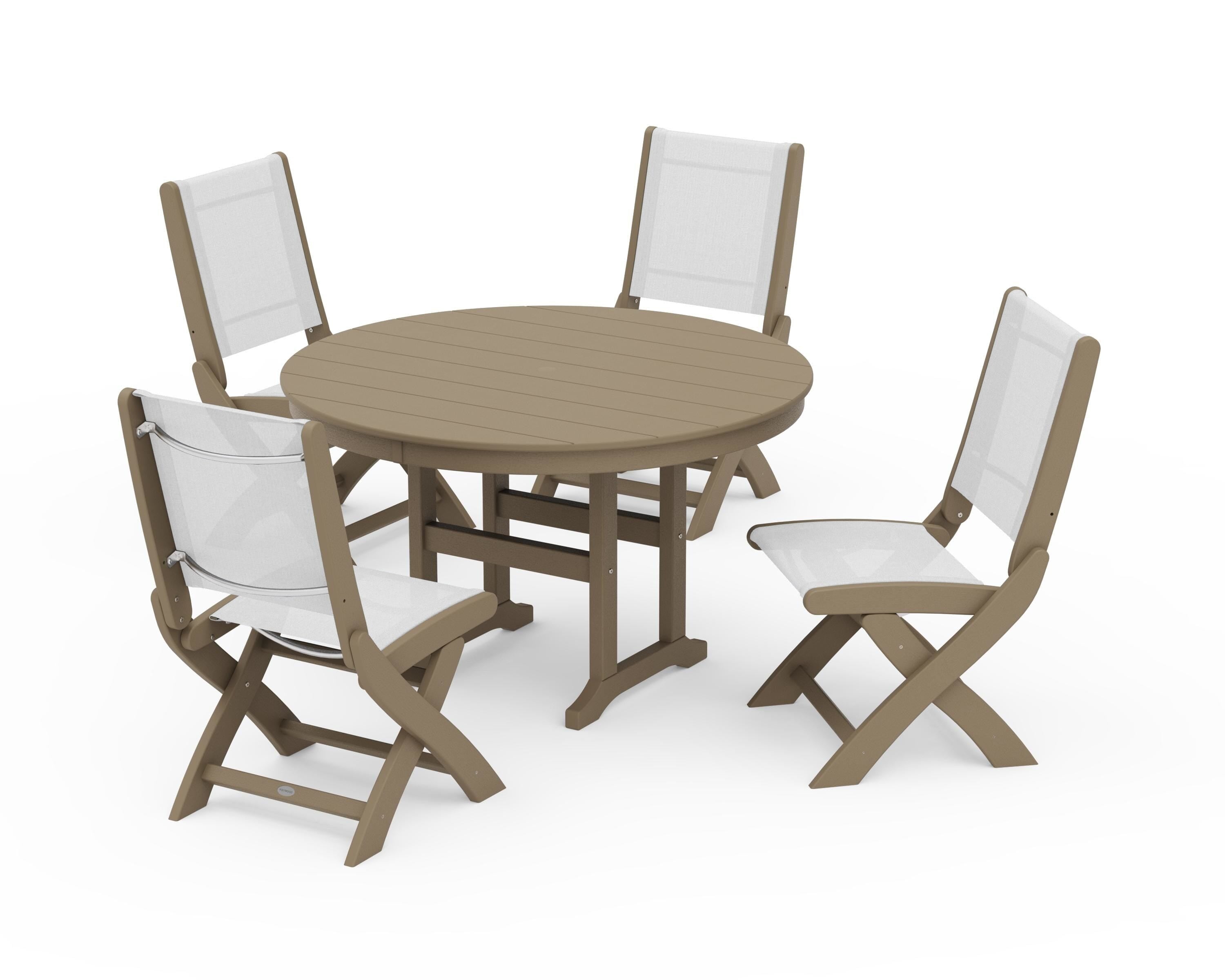 POLYWOOD Coastal Folding Side Chair 5-Piece Round Dining Set in Vintage Sahara / White Sling