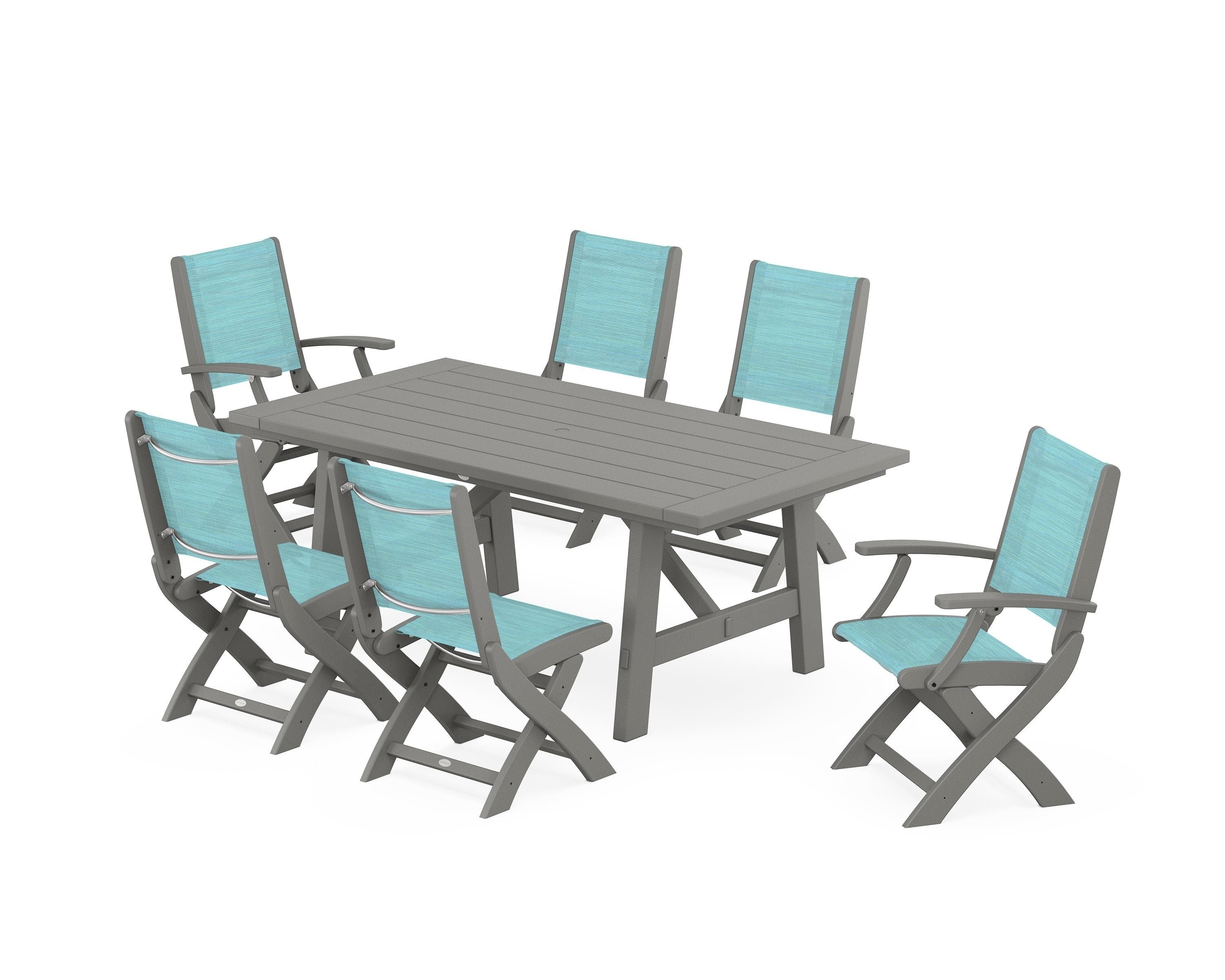 POLYWOOD Coastal Folding Chair 7-Piece Rustic Farmhouse Dining Set in Slate Grey / Dupioni Aquamarine Sling