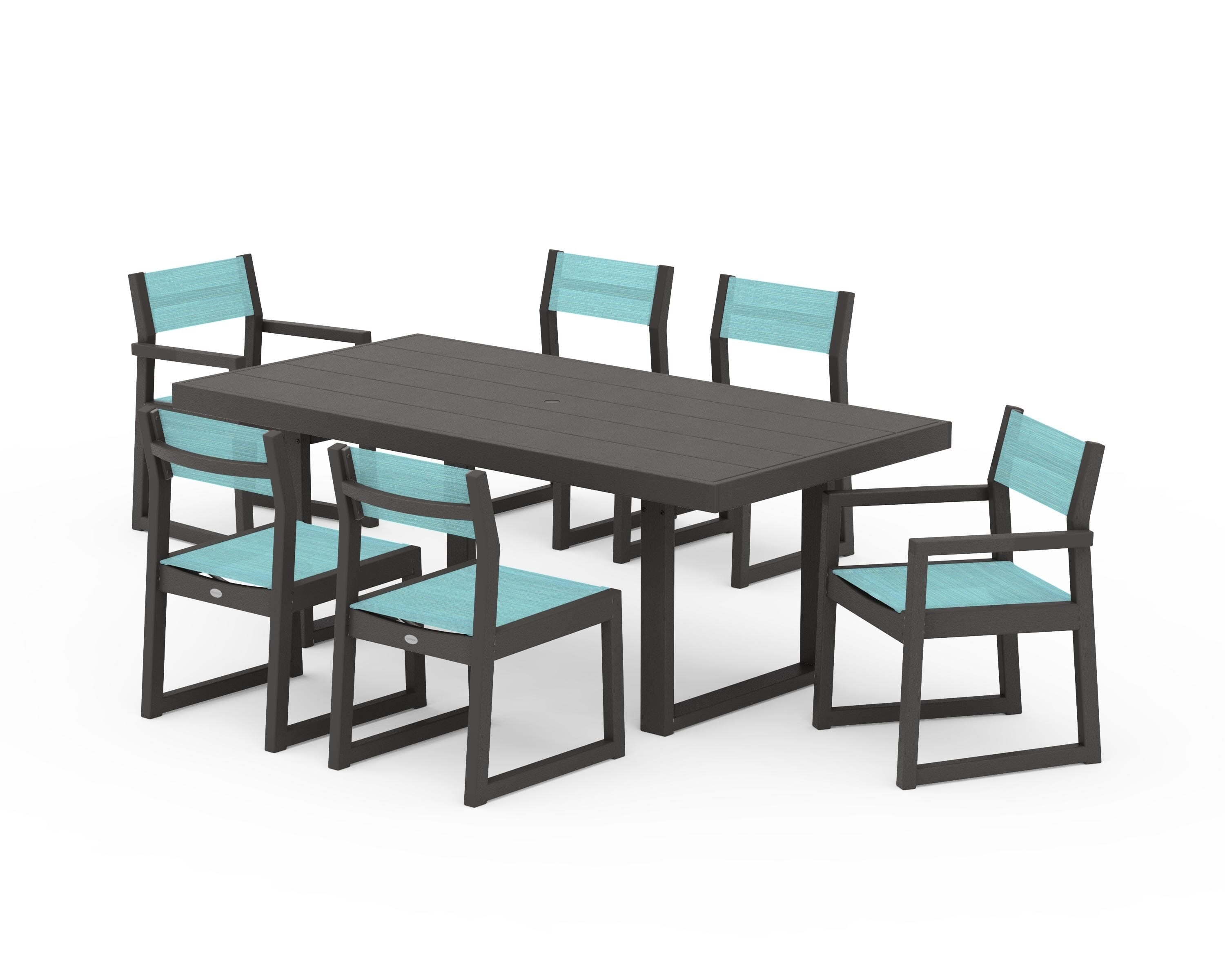 POLYWOOD EDGE Sling 7-Piece Dining Set in Vintage Coffee / Dupioni Aquamarine Sling