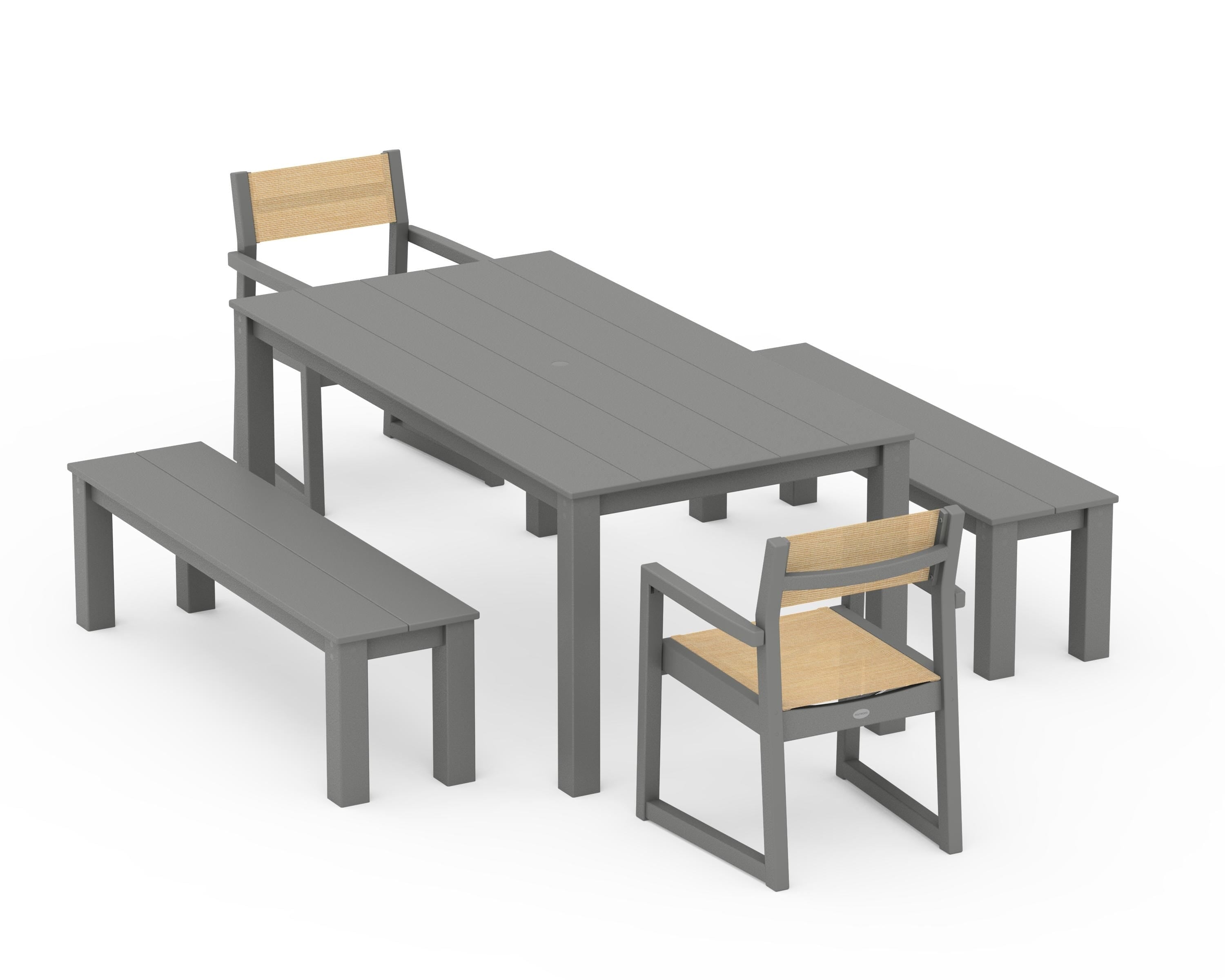 POLYWOOD EDGE Sling Arm Chair 5-Piece Parsons Dining Set with Benches in Slate Grey / Dupioni Apricot Sling
