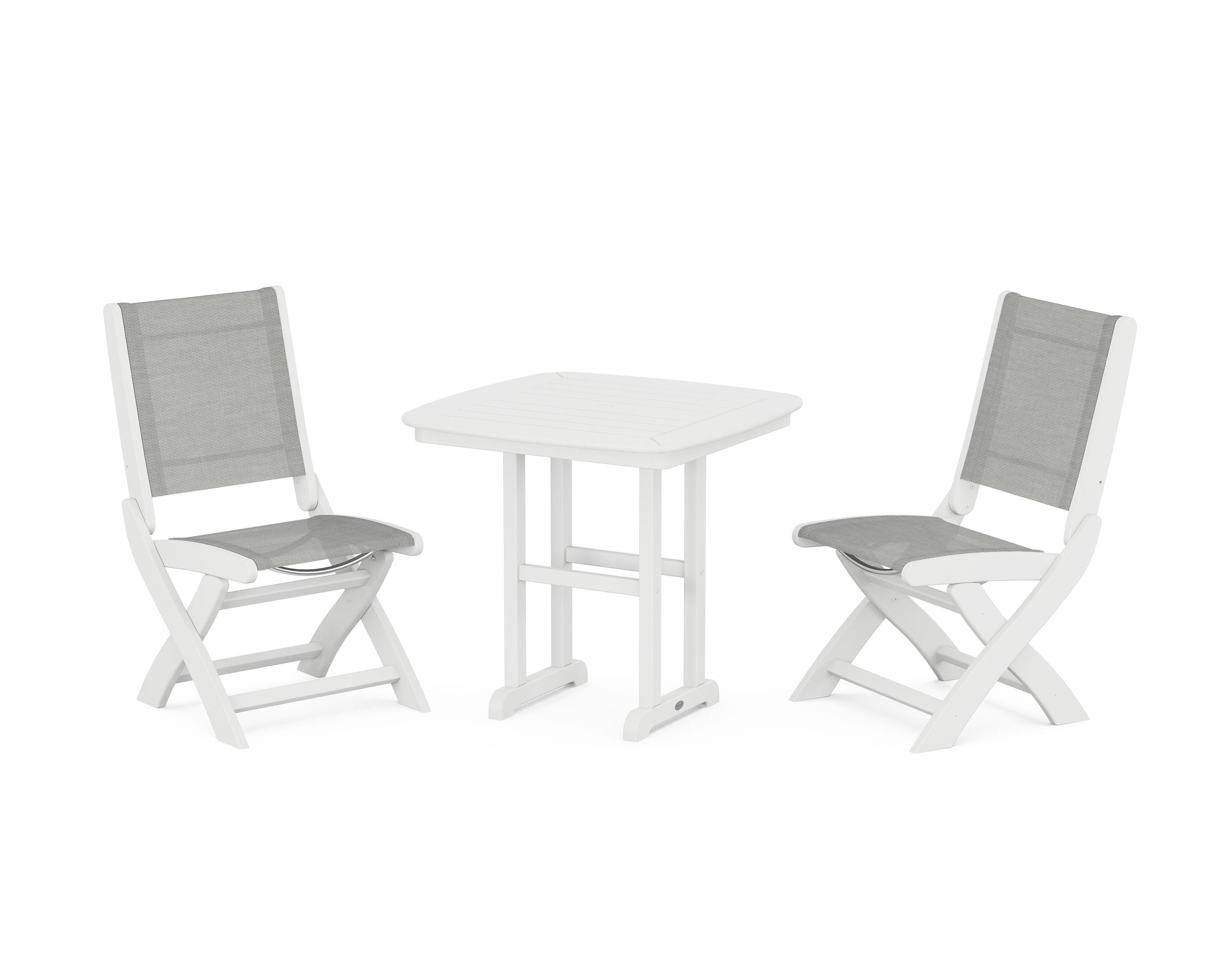 POLYWOOD Coastal Folding Side Chair 3-Piece Dining Set in White / Metallic Sling