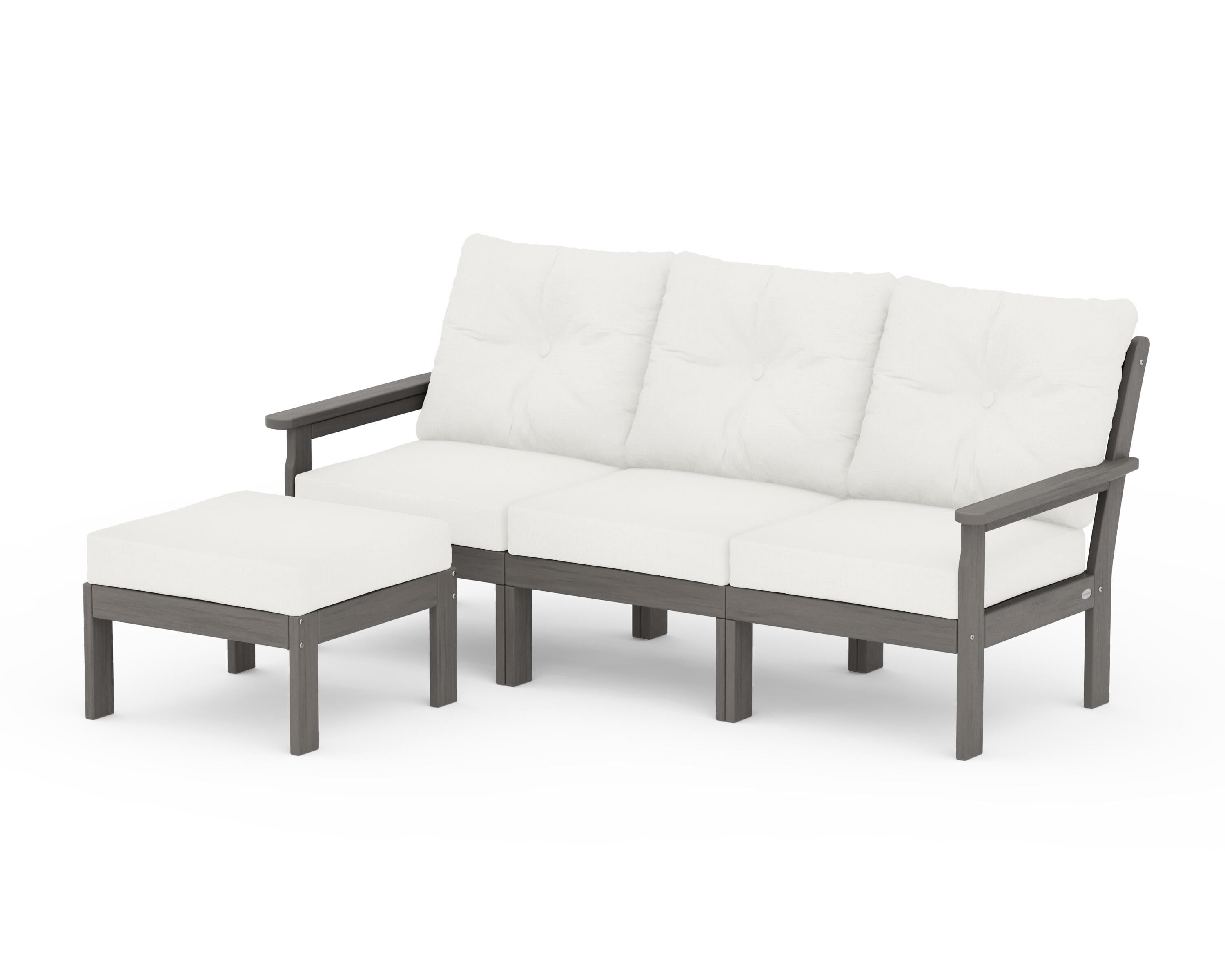 POLYWOOD Vineyard 4-Piece Sectional with Ottoman in Driftwood / Natural Linen