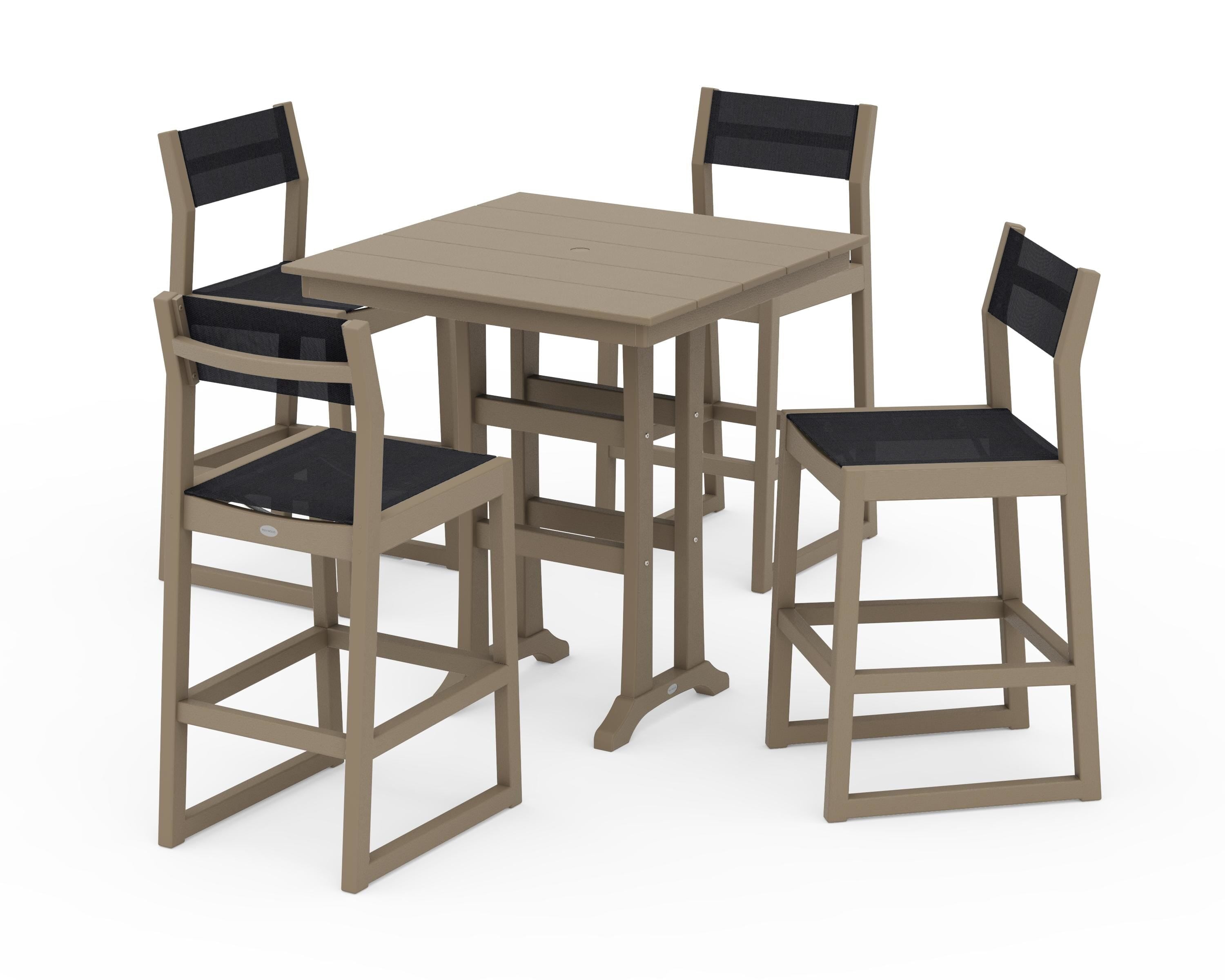 POLYWOOD EDGE Sling Arm Chair 5-Piece Farmhouse Bar Set with Trestle Legs in Vintage Sahara / Black Sling