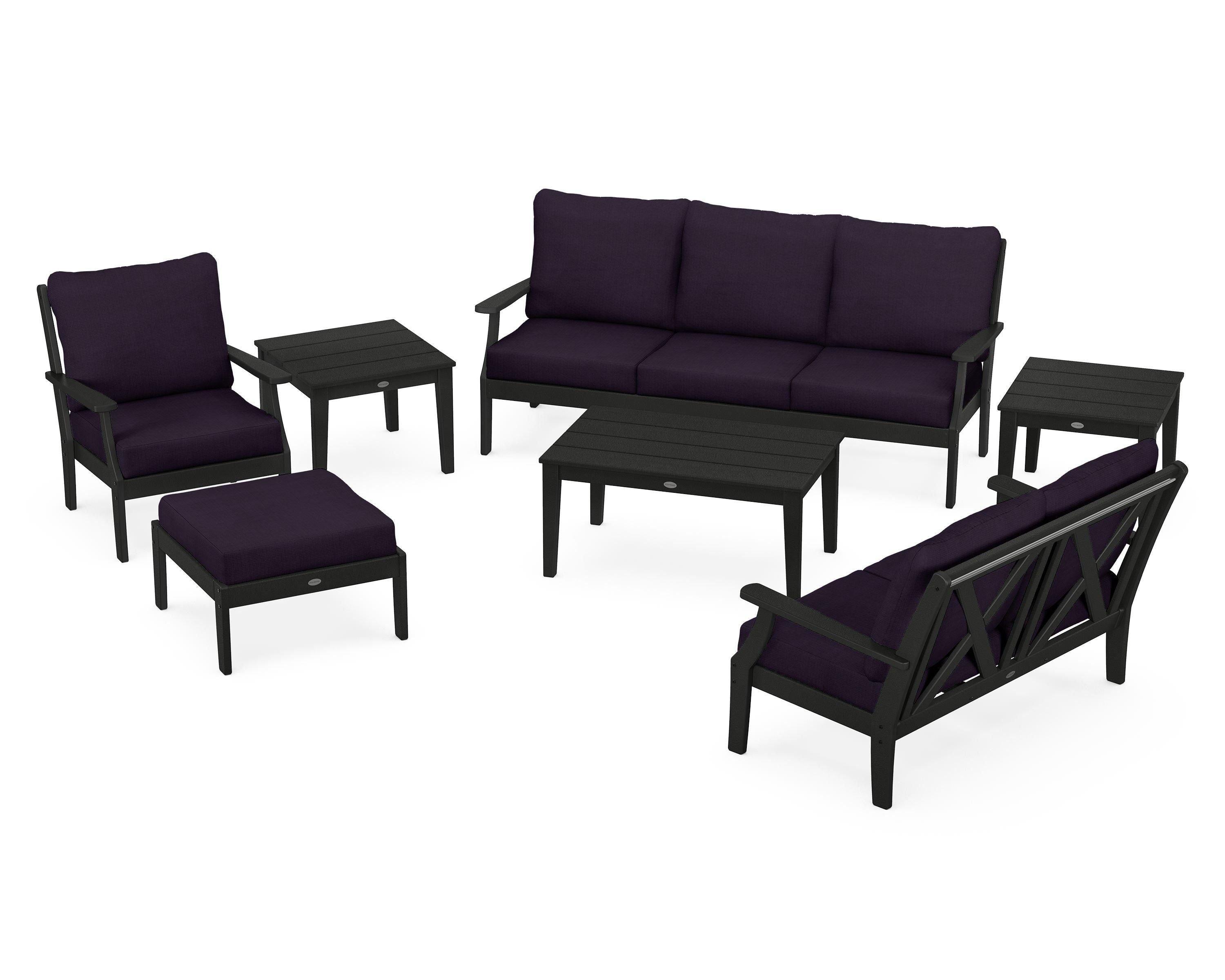 POLYWOOD Braxton 7-Piece Deep Seating Set in Black / Navy Linen