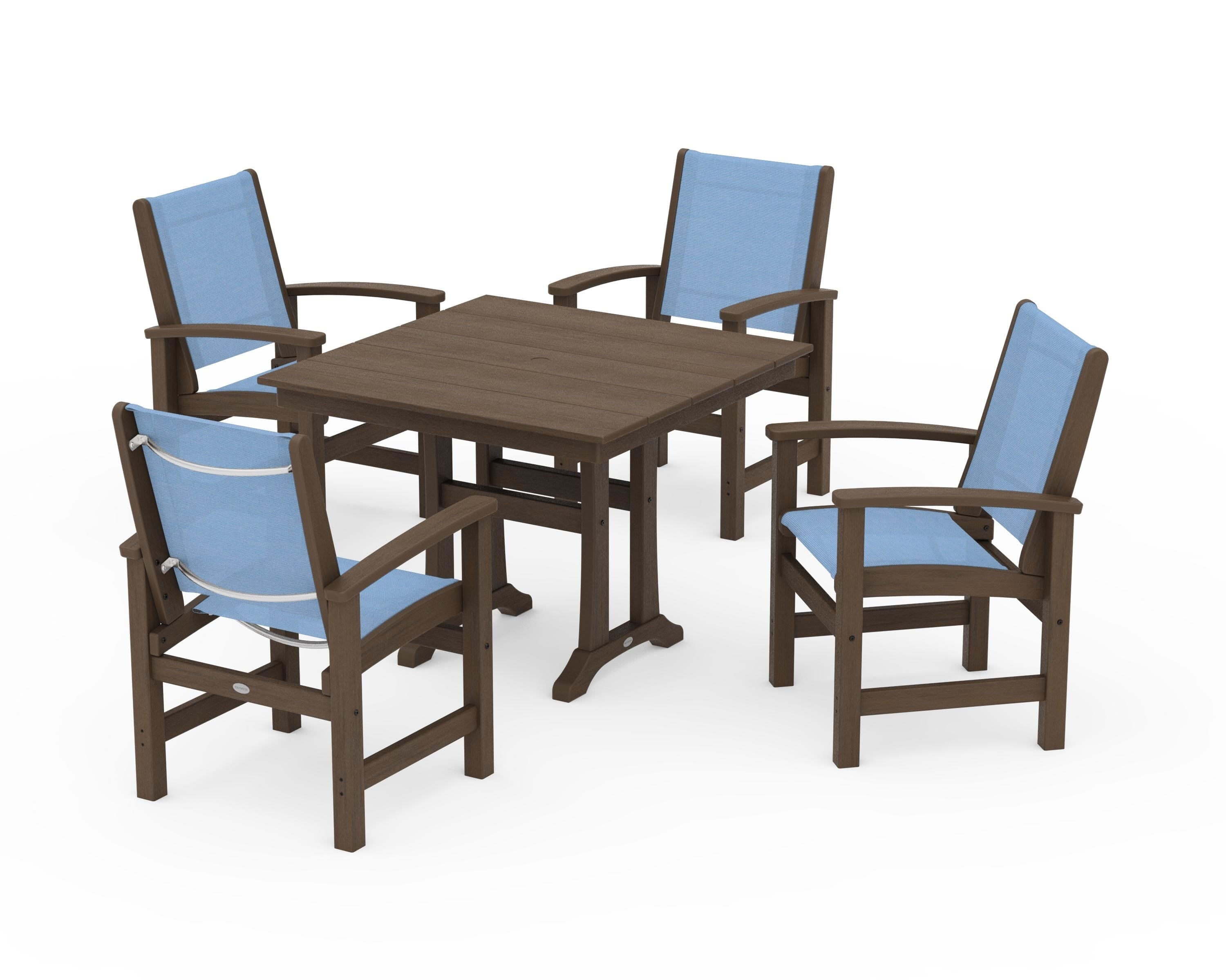 POLYWOOD Coastal 5-Piece Farmhouse Dining Set With Trestle Legs in Kona / Poolside Sling