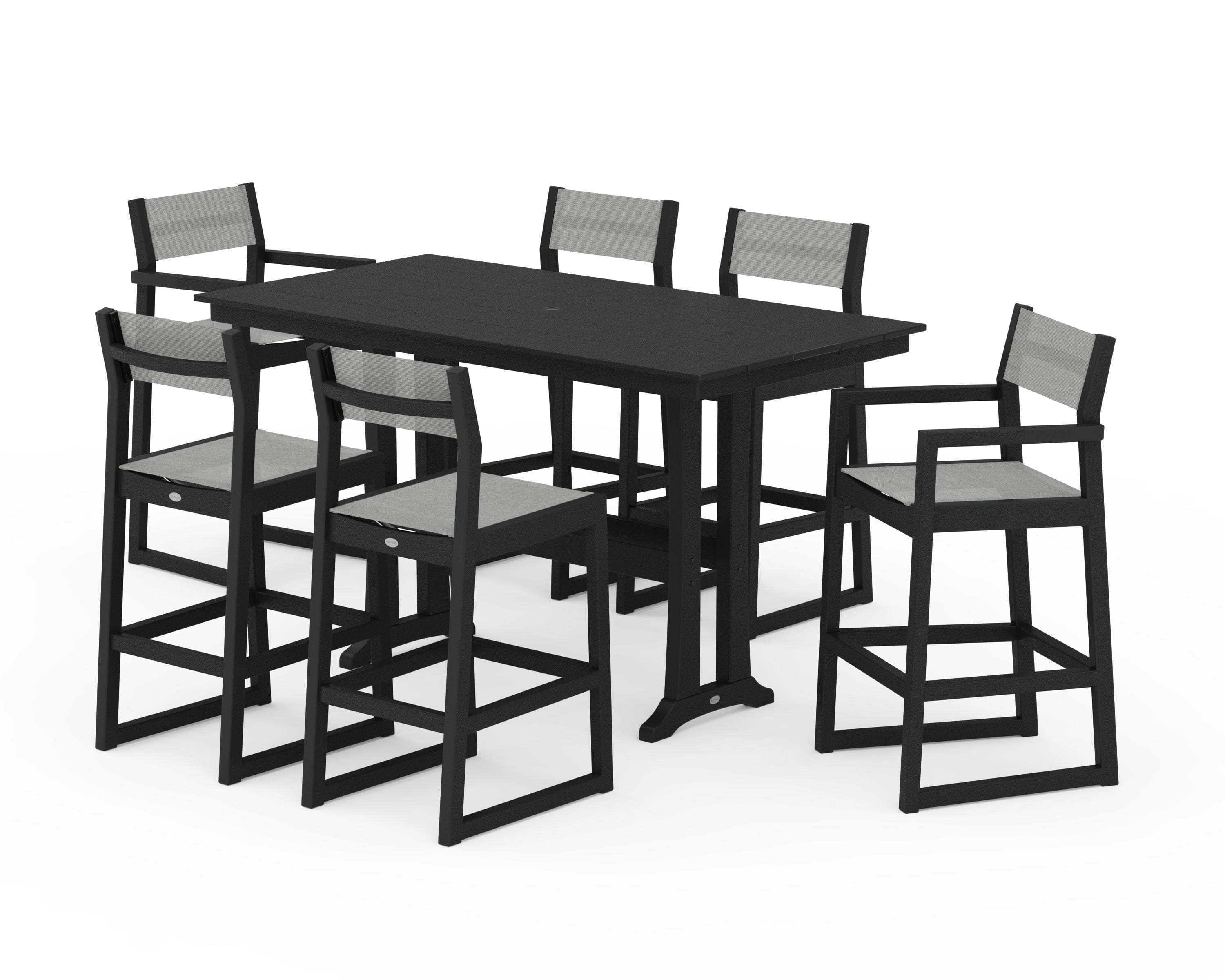 POLYWOOD EDGE Sling 7-Piece Farmhouse Bar Set with Trestle Legs in Black / Metallic Sling