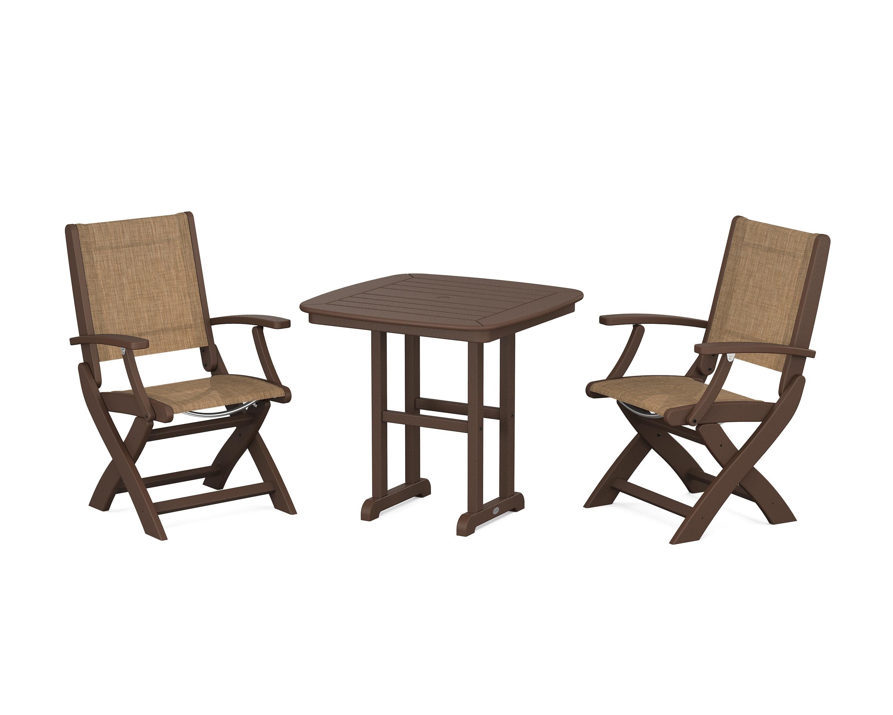 POLYWOOD Coastal Folding Chair 3-Piece Dining Set in Mahogany / Burlap Sling