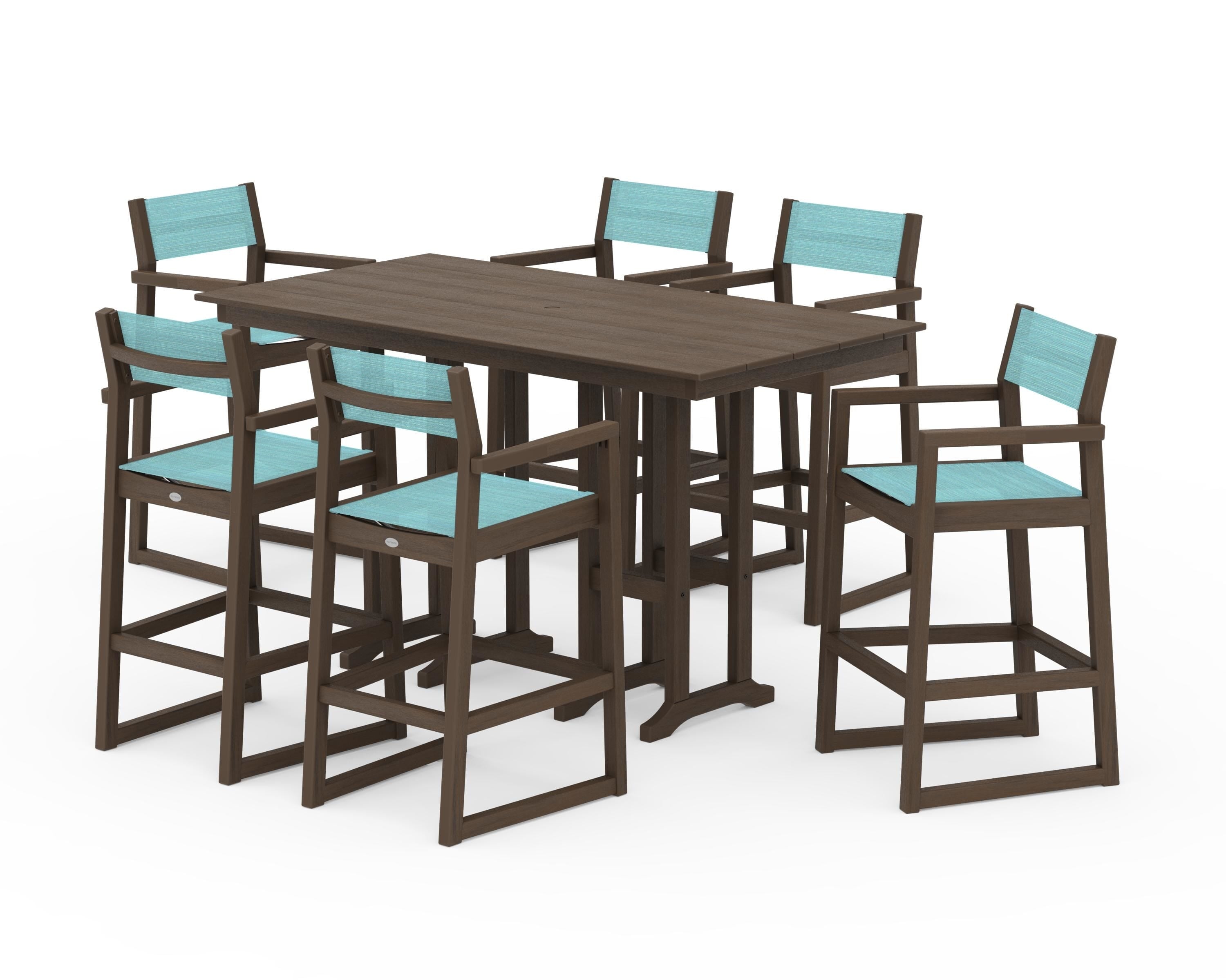 POLYWOOD EDGE Sling Arm Chair 7-Piece Farmhouse Bar Set in Kona / Dupioni Aquamarine Sling