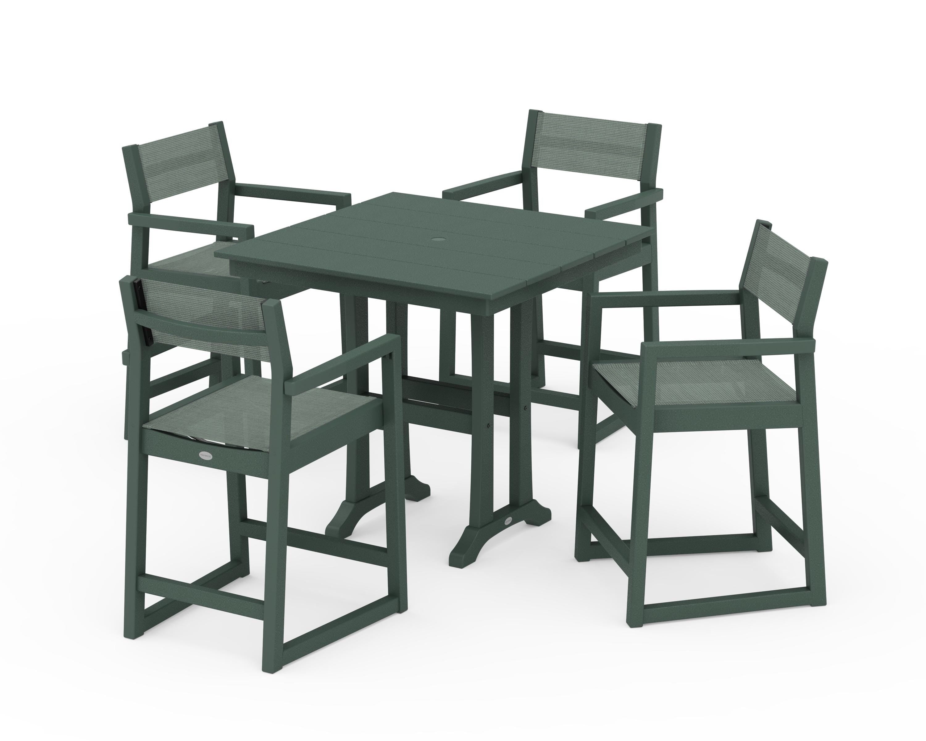 POLYWOOD EDGE Sling Arm Chair 5-Piece Farmhouse Counter Set with Trestle Legs in Green / Dupioni Sea Mist Sling