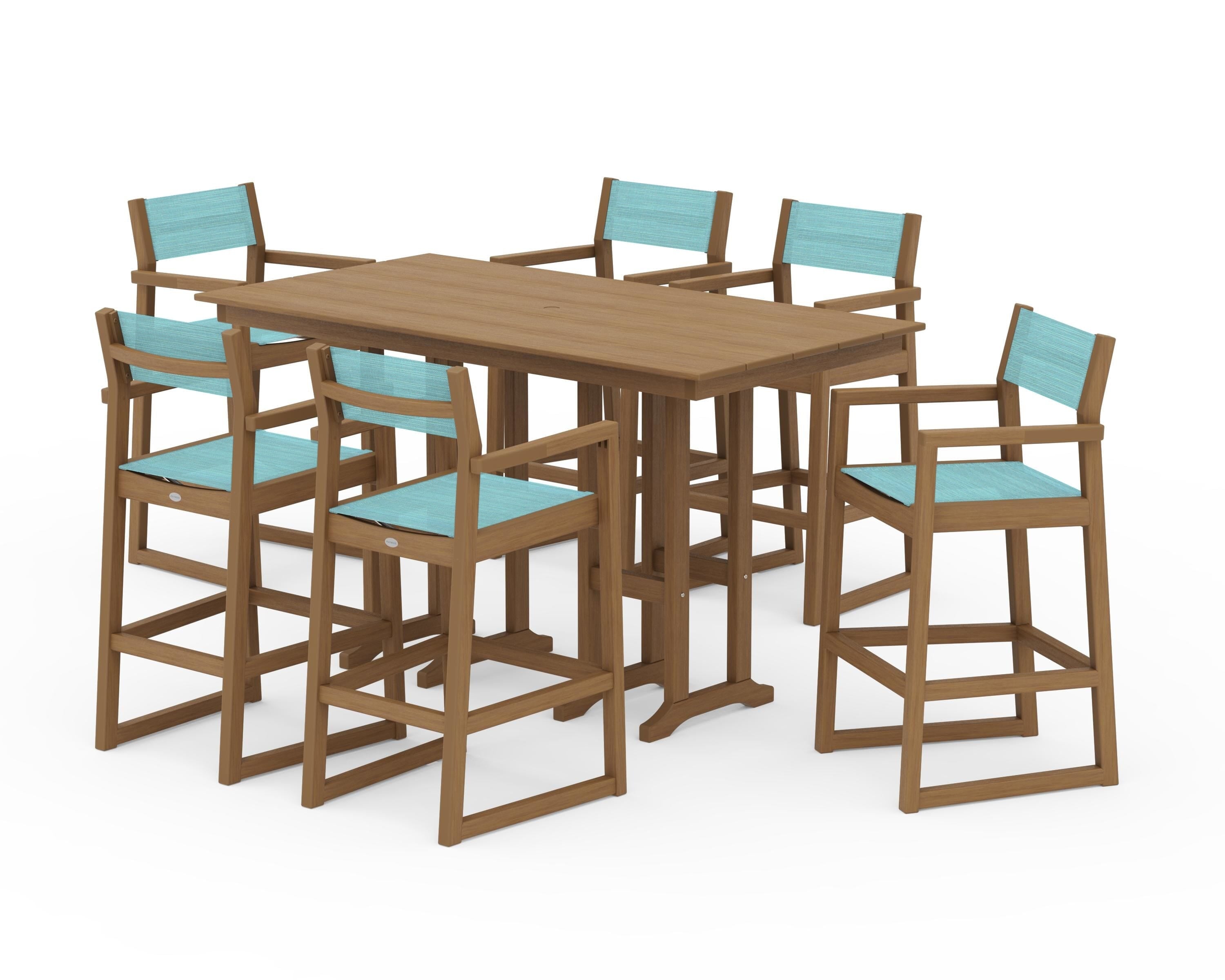 POLYWOOD EDGE Sling Arm Chair 7-Piece Farmhouse Bar Set in Natural / Dupioni Aquamarine Sling