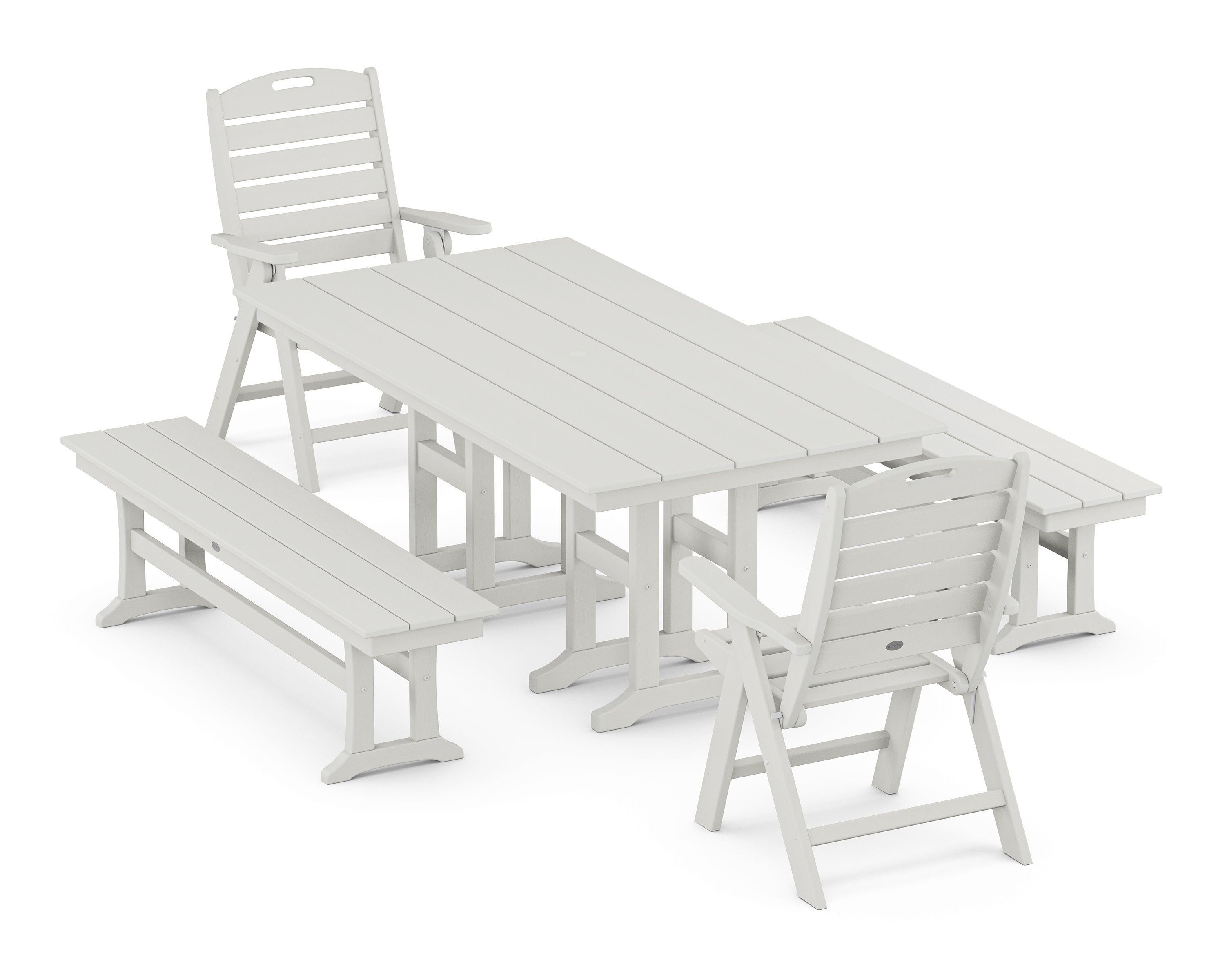 POLYWOOD Nautical Highback 5-Piece Farmhouse Dining Set with Benches in Vintage White