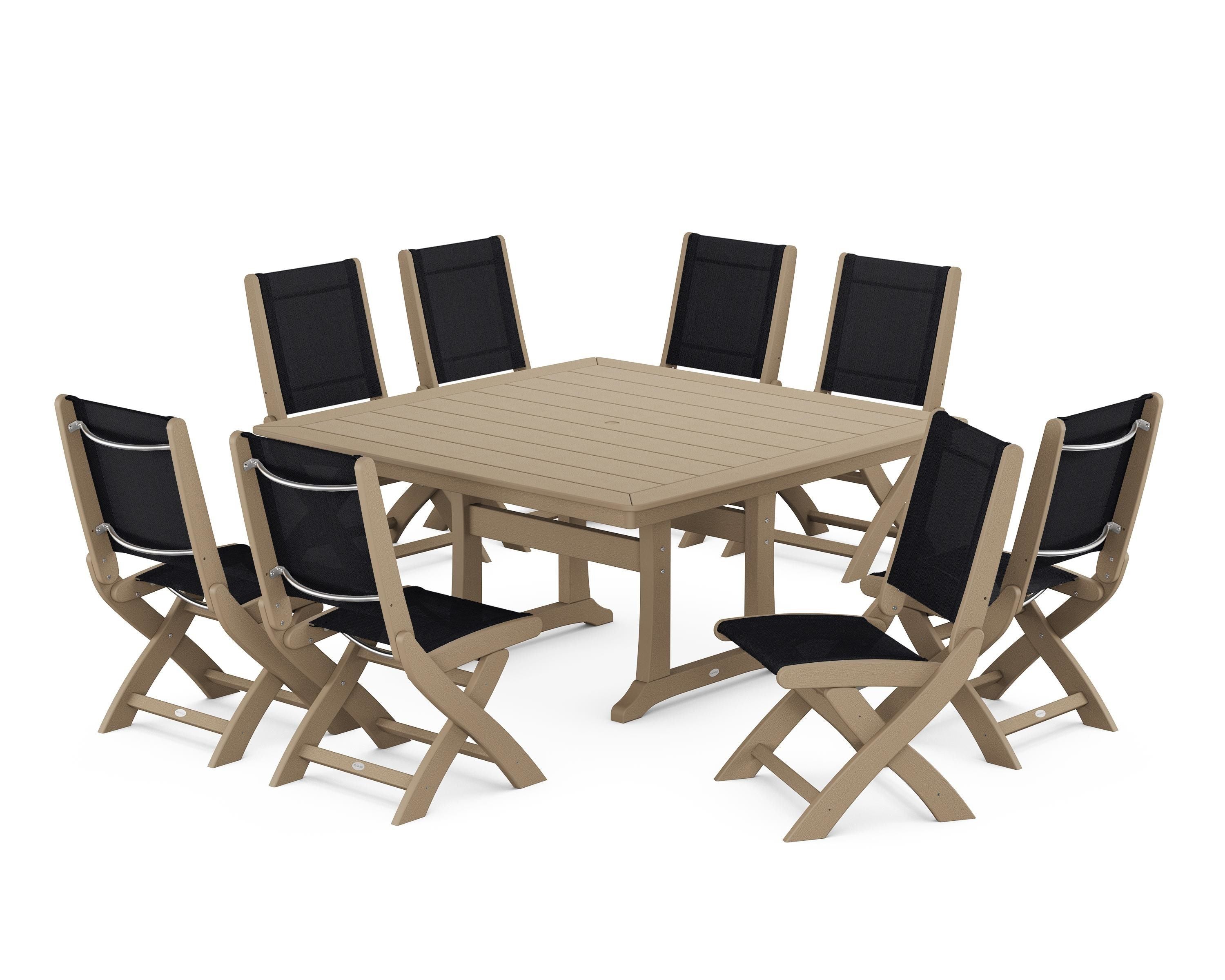 POLYWOOD Coastal Folding Side Chair 9-Piece Dining Set with Trestle Legs in Vintage Sahara / Black Sling