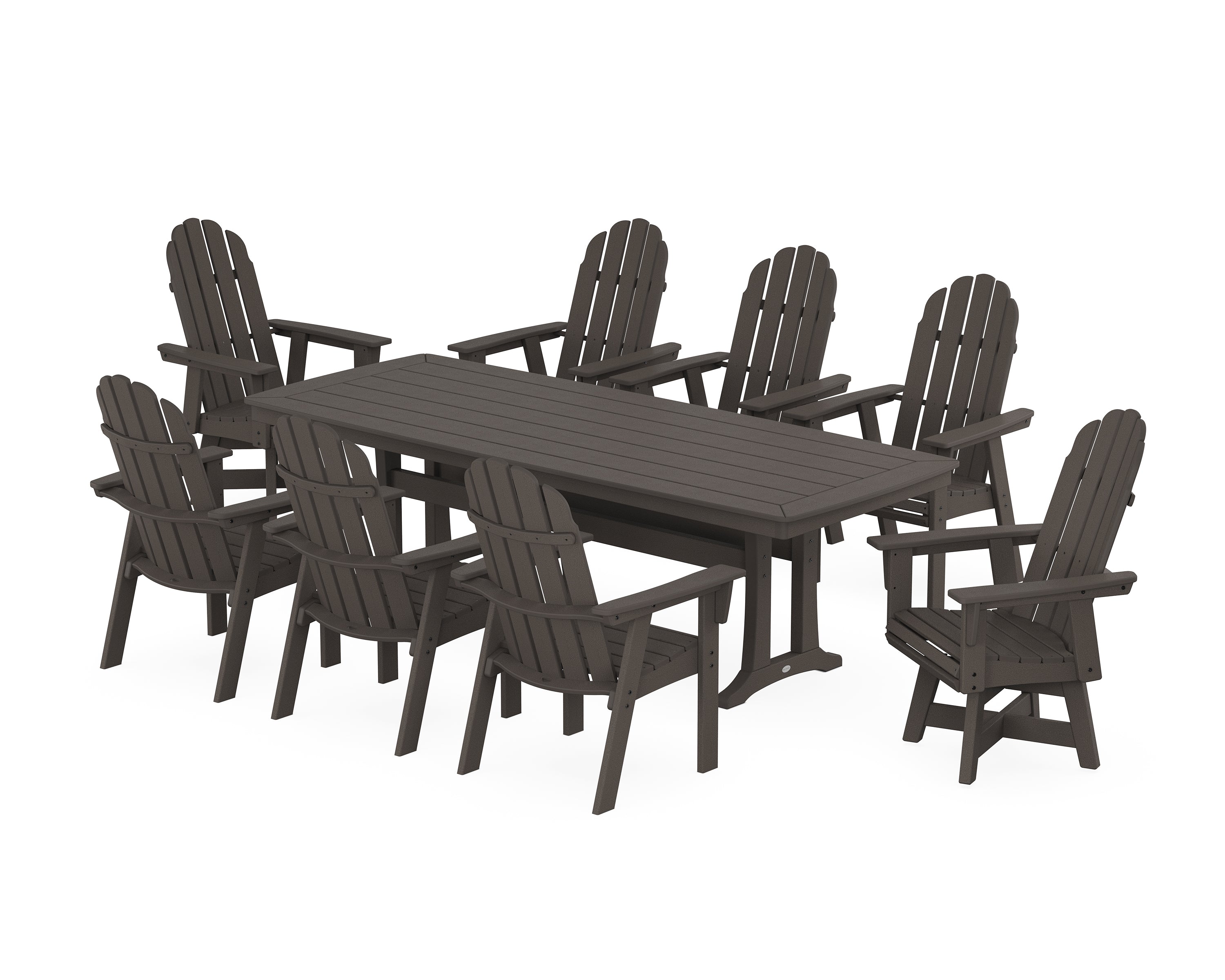 POLYWOOD® Vineyard Curveback Adirondack Swivel 9-Piece Dining Set with Trestle Legs in Vintage Coffee