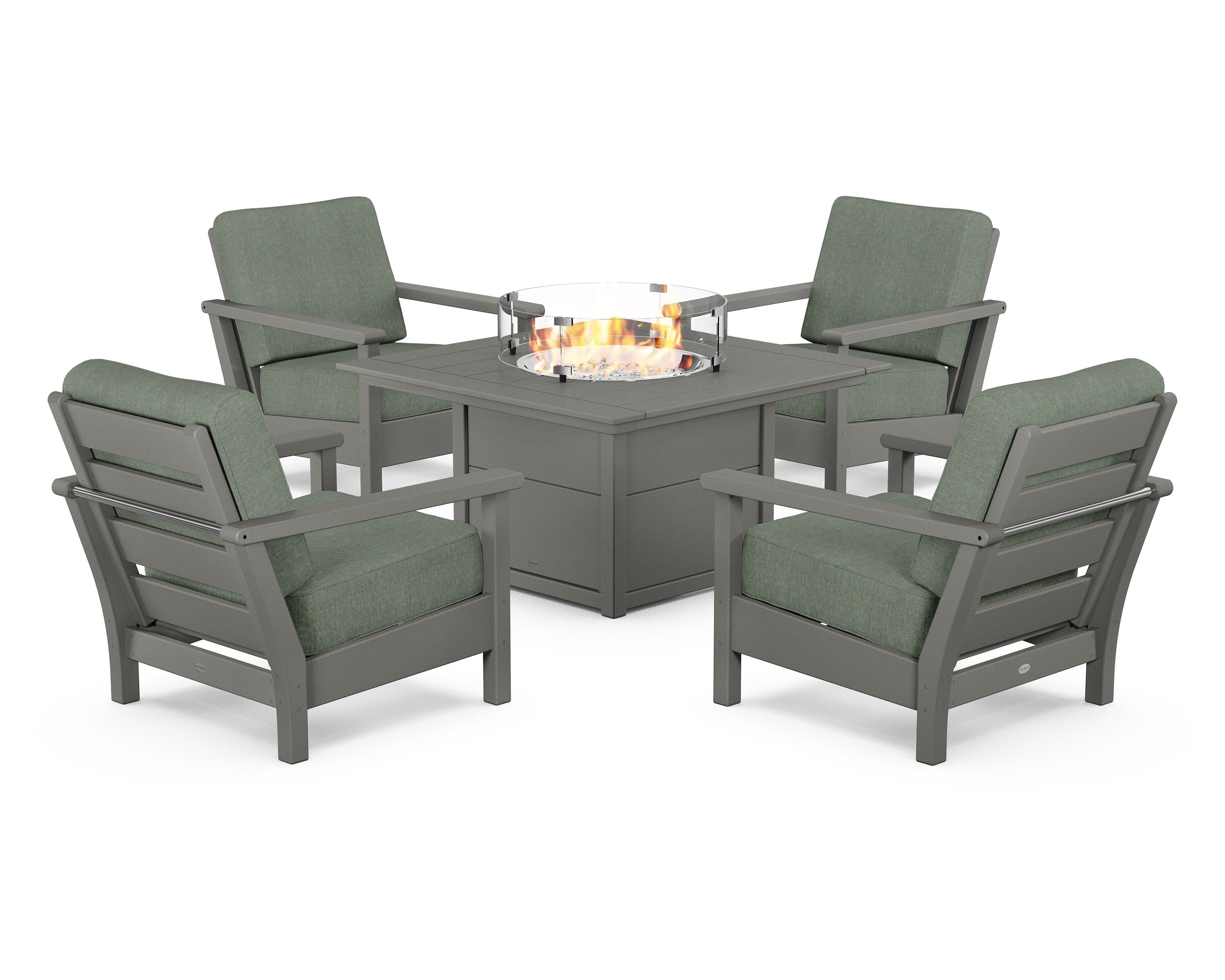 POLYWOOD Harbour 5-Piece Conversation Set with Fire Pit Table in Slate Grey / Cast Sage
