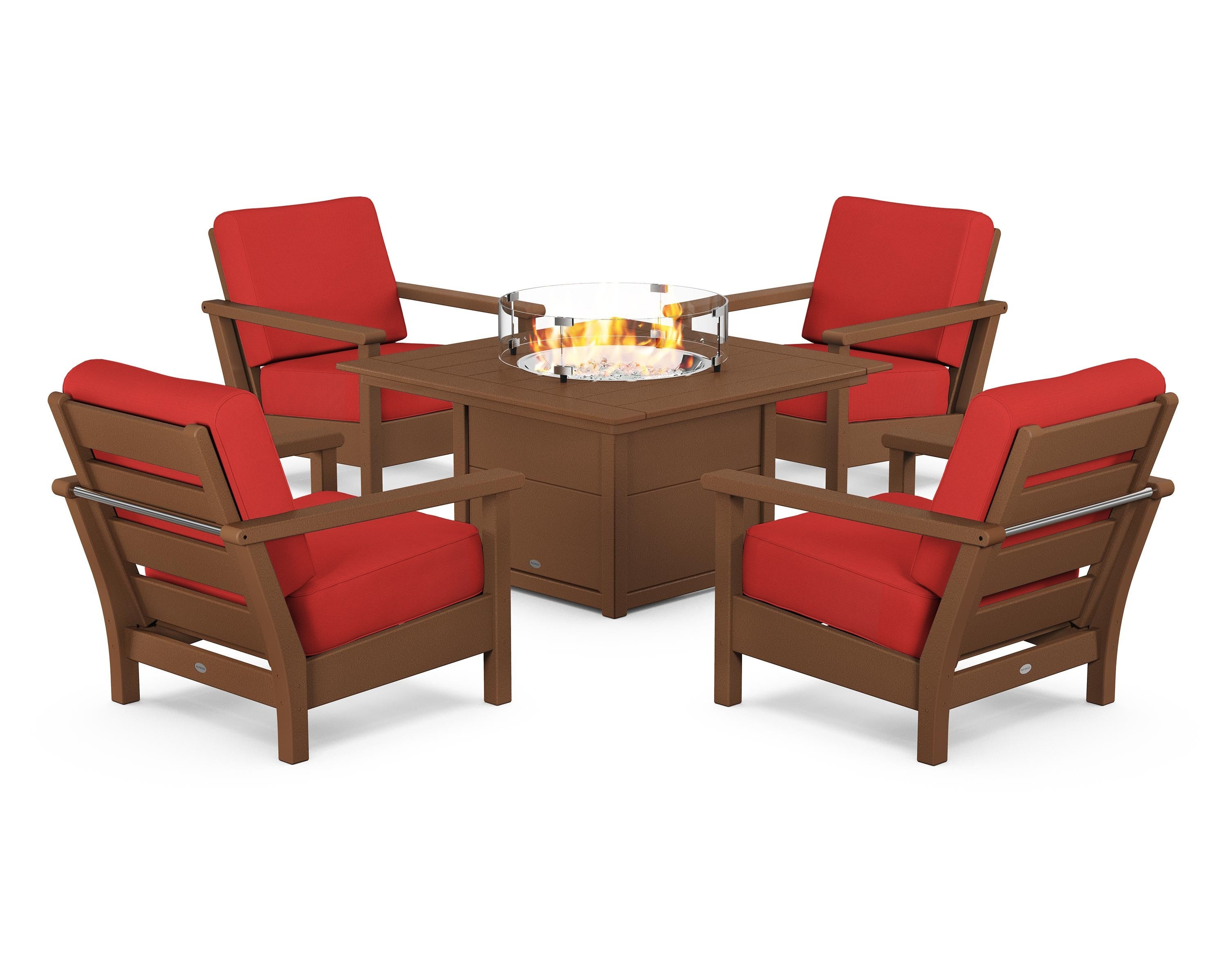 POLYWOOD Harbour 5-Piece Conversation Set with Fire Pit Table in Teak / Crimson Linen
