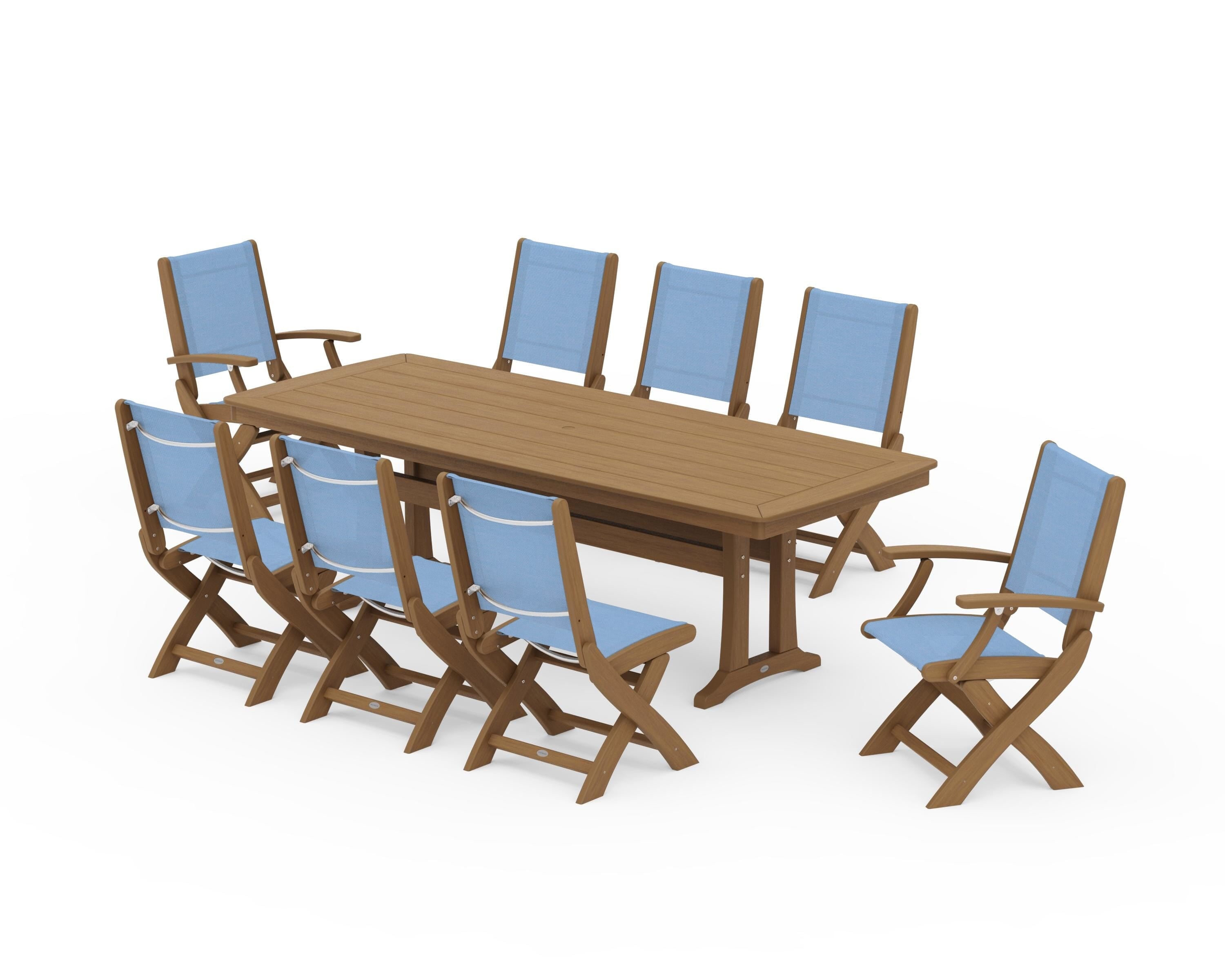 POLYWOOD Coastal Folding 9-Piece Dining Set with Trestle Legs in Natural / Poolside Sling