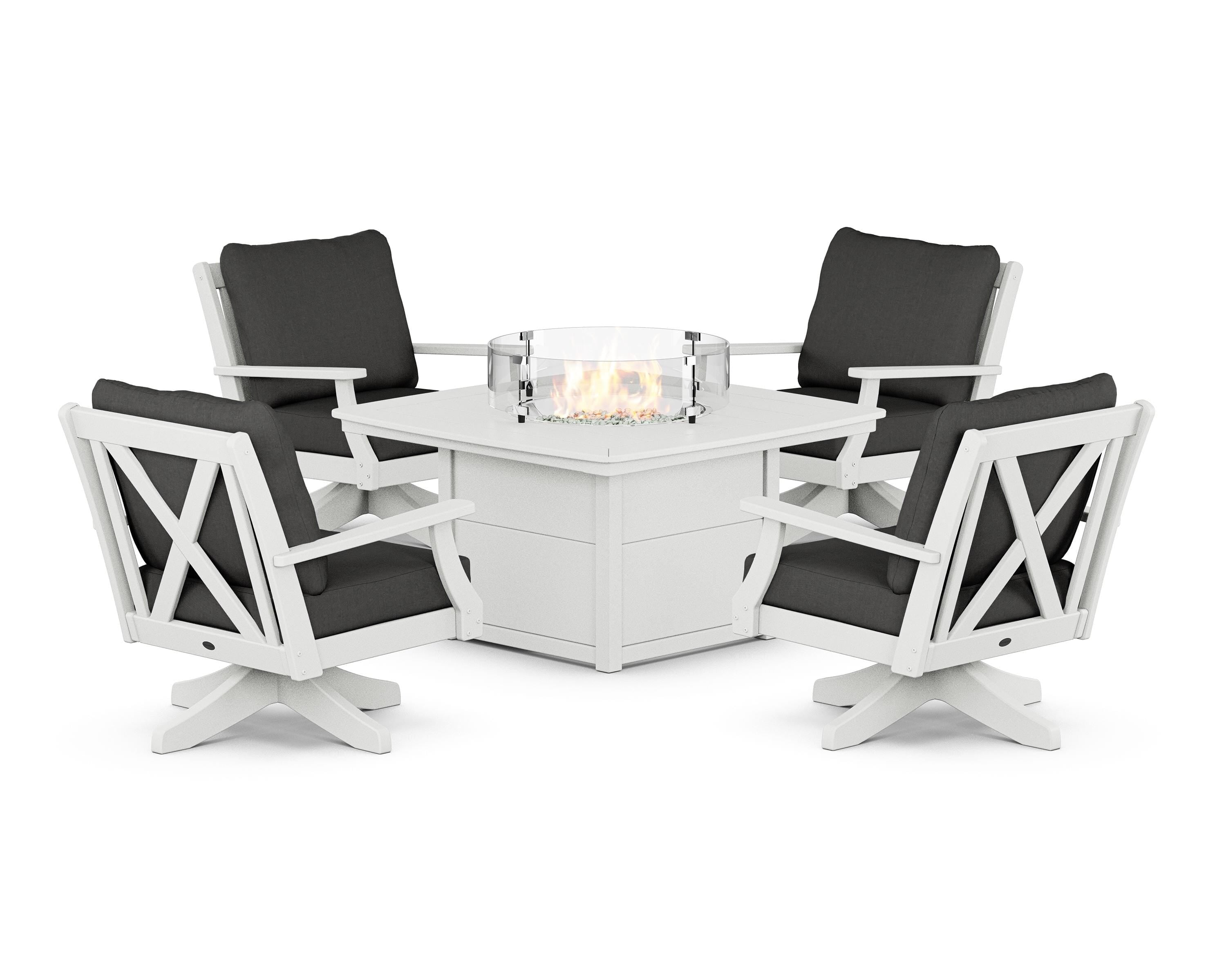 POLYWOOD Braxton 5-Piece Deep Seating Swivel Conversation Set with Fire Pit Table in White / Spectrum Carbon