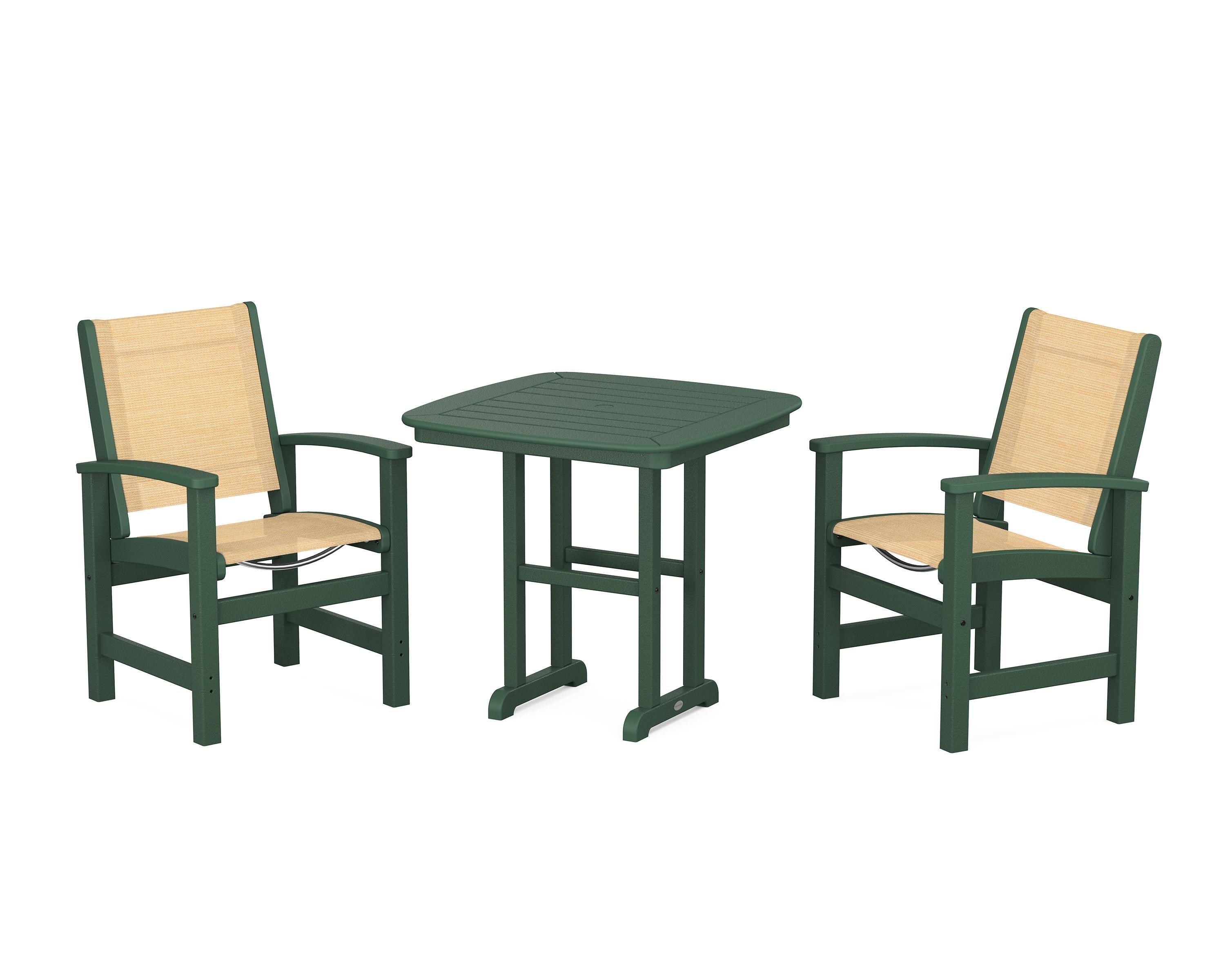 POLYWOOD Coastal 3-Piece Dining Set in Green / Dupioni Apricot Sling