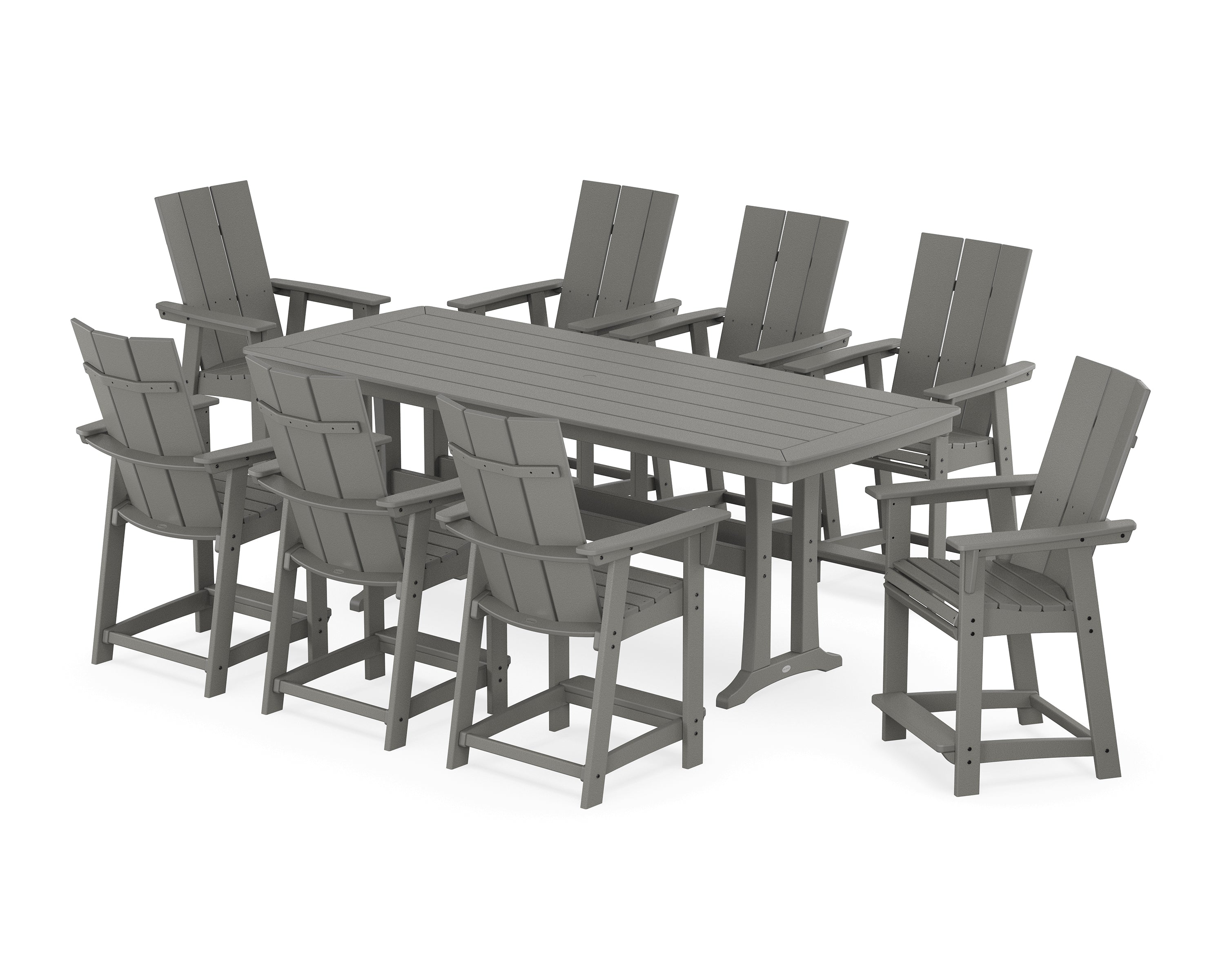 POLYWOOD® Modern Curveback Adirondack 9-Piece Counter Set with Trestle Legs in Slate Grey