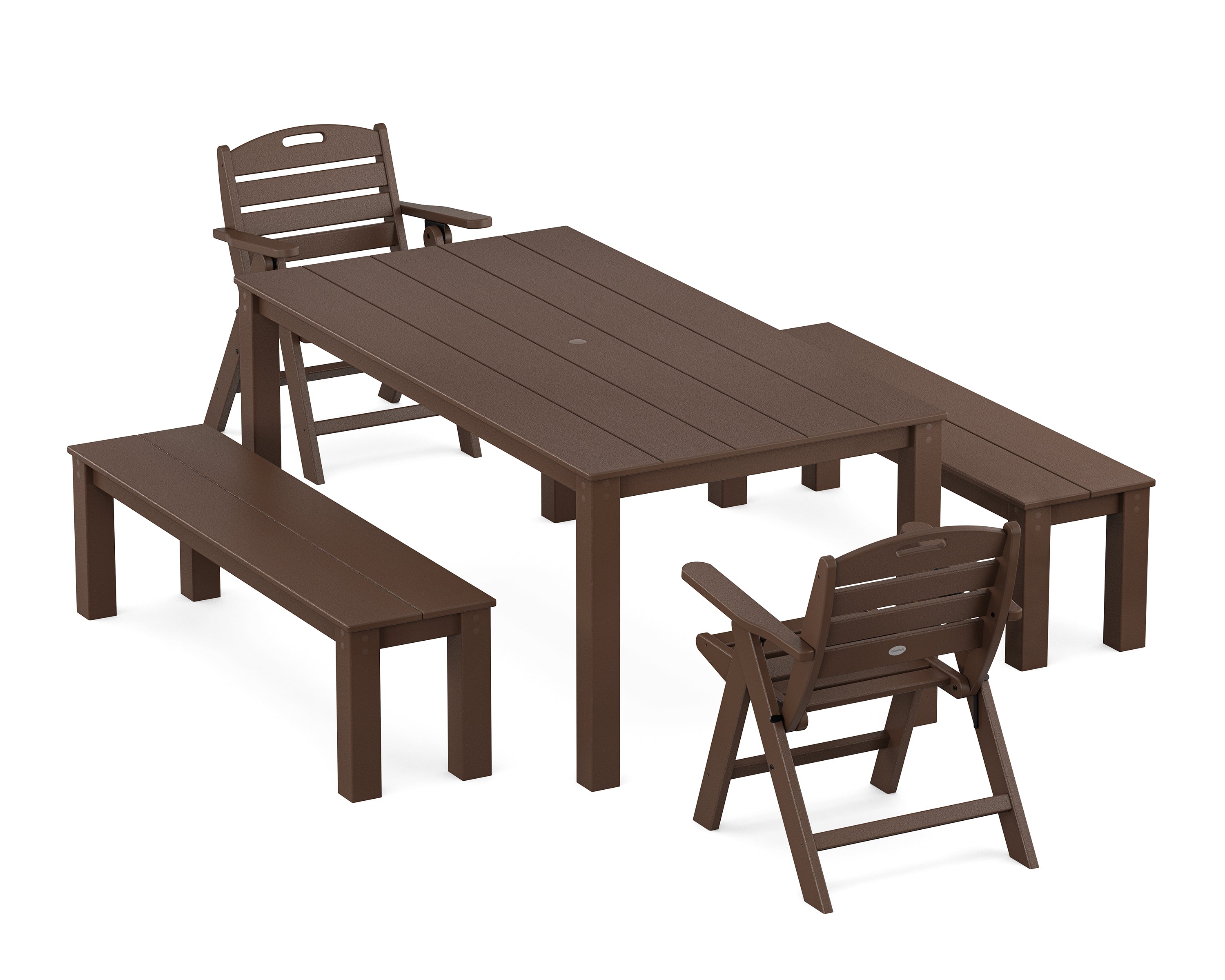 POLYWOOD Nautical Folding Lowback Chair 5-Piece Parsons Dining Set with Benches in Mahogany
