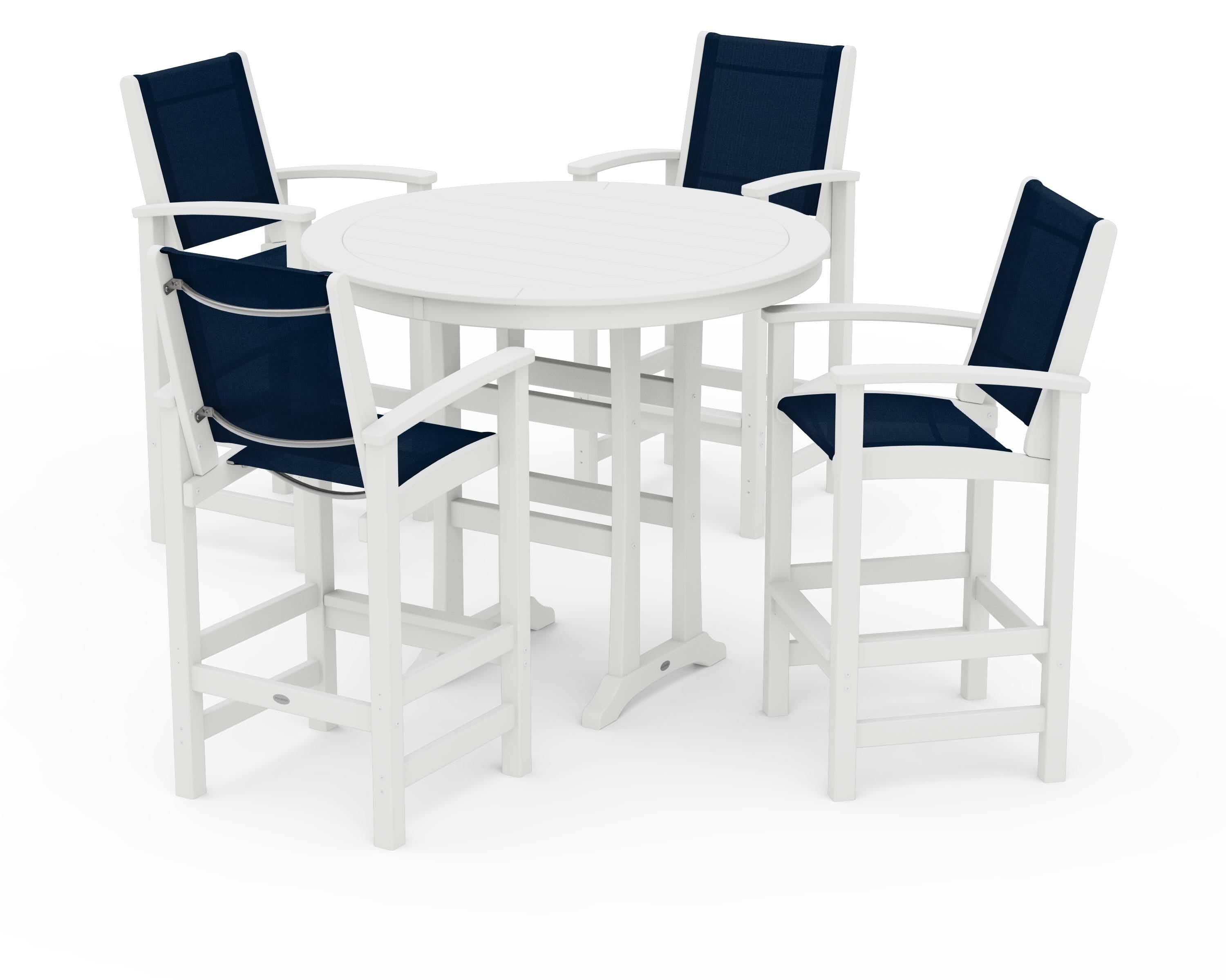 POLYWOOD Coastal 5-Piece Nautical Trestle Bar Set in White / Navy Blue Sling