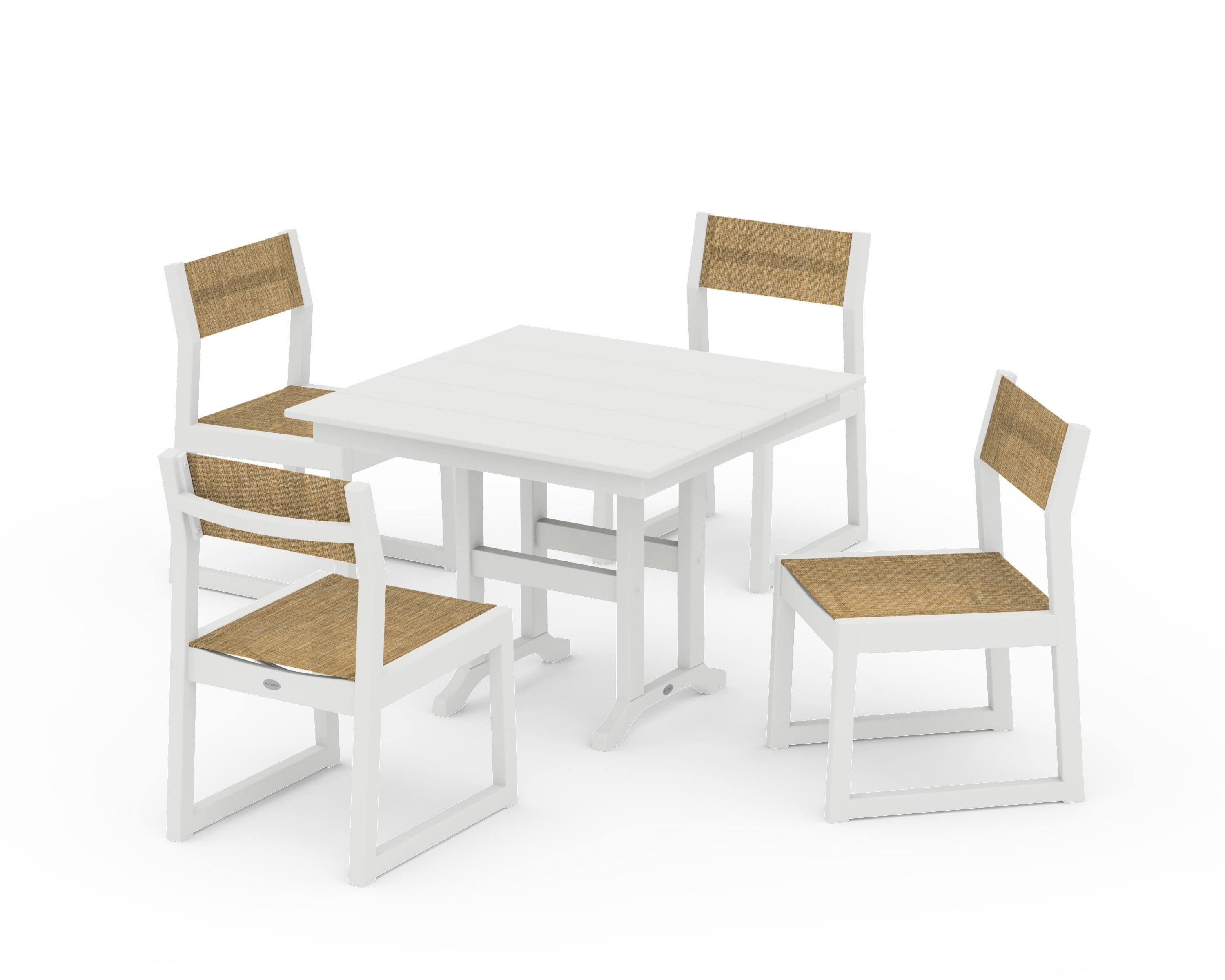 POLYWOOD EDGE Sling Side Chair 5-Piece Farmhouse Dining Set in Vintage White / Burlap Sling