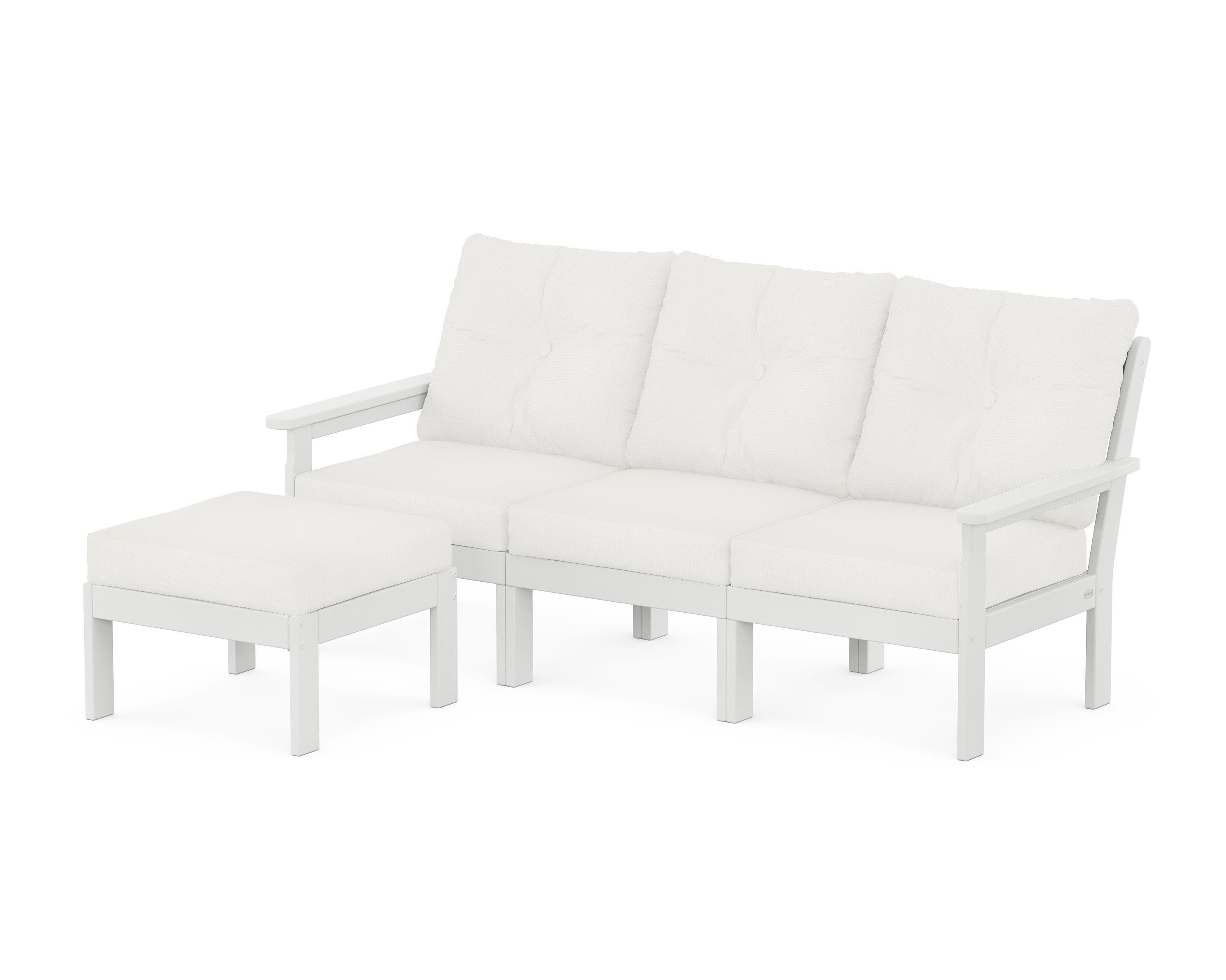 POLYWOOD Vineyard 4-Piece Sectional with Ottoman in White / Natural Linen